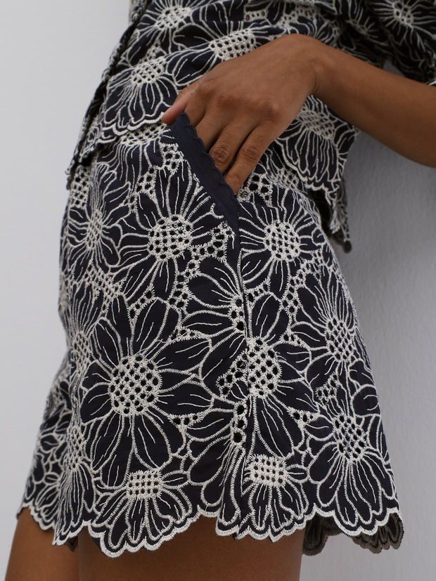 Reena Embroidered Cotton Shorts | Navy