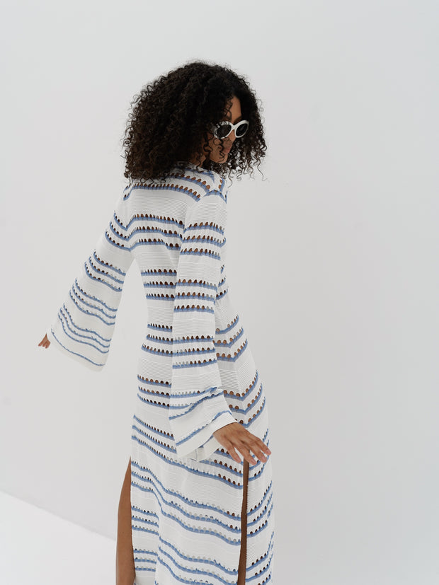 Nina Knitted Stripe Dress | White & Blue