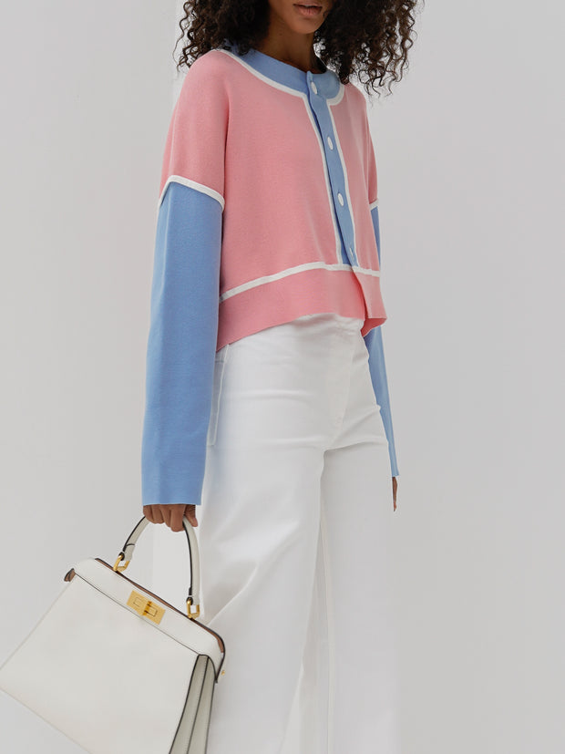 Ellison Contrast Panel Fine Knit Cardigan | Pink/Blue