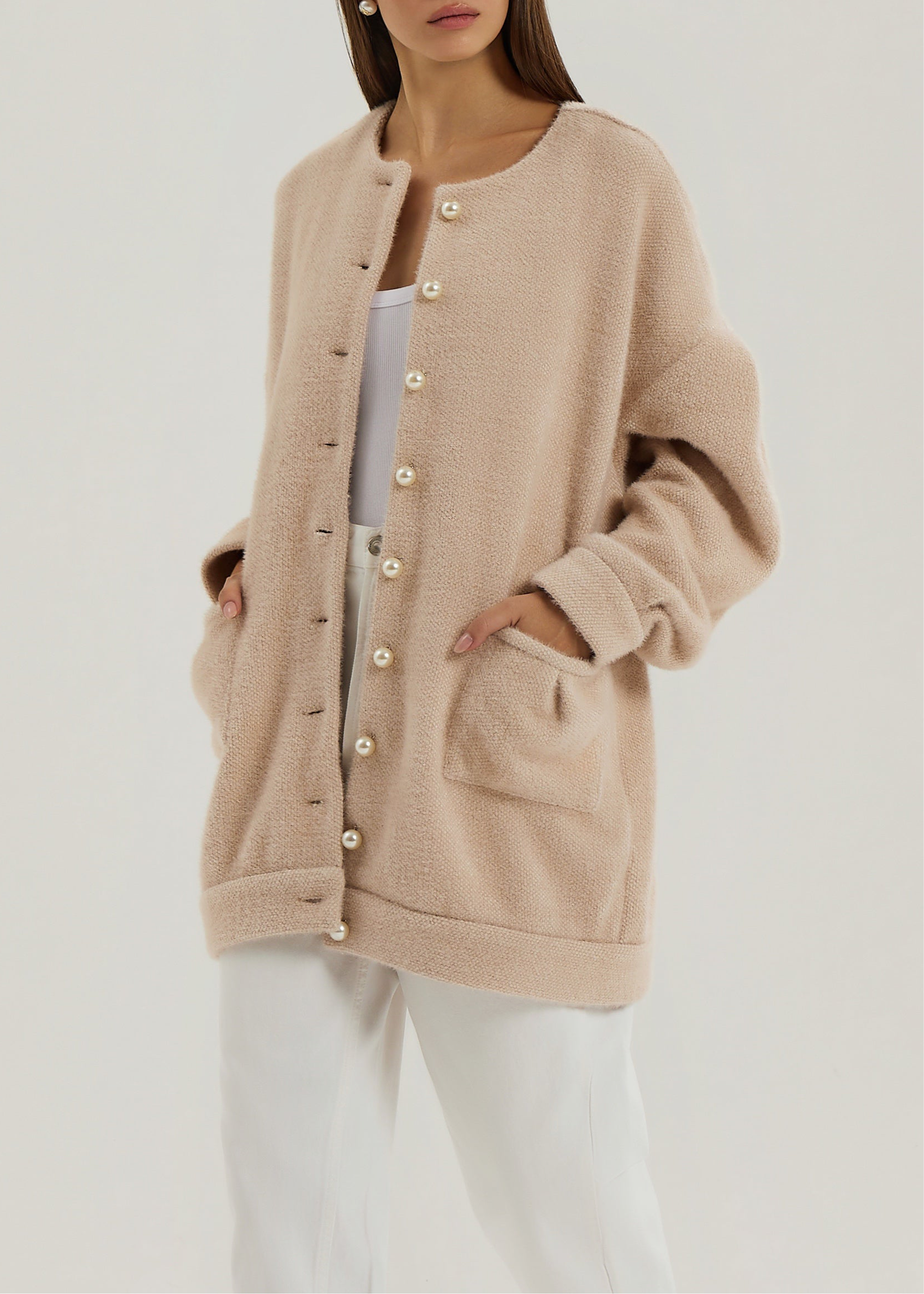 Corrine Pearl Button Cardigan Coat | Blush