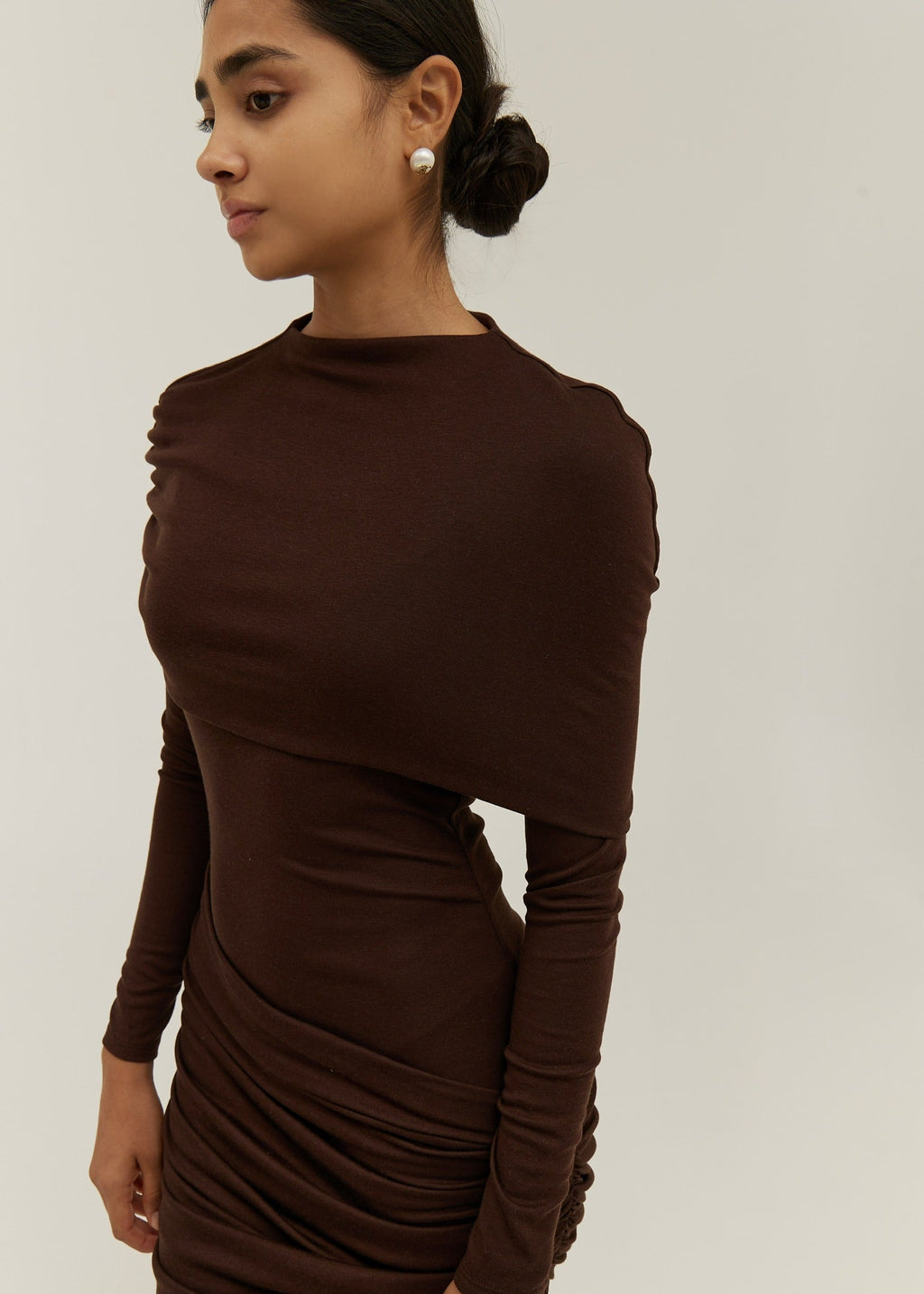 Nikita Jersey Drape Shoulder Short Dress | Dark Mocha