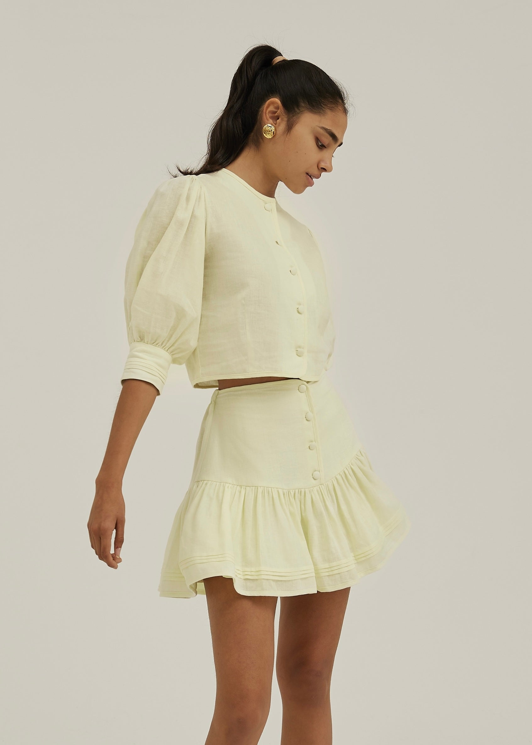Laney Tiered Linen Frill Skort | Pastel Lemon