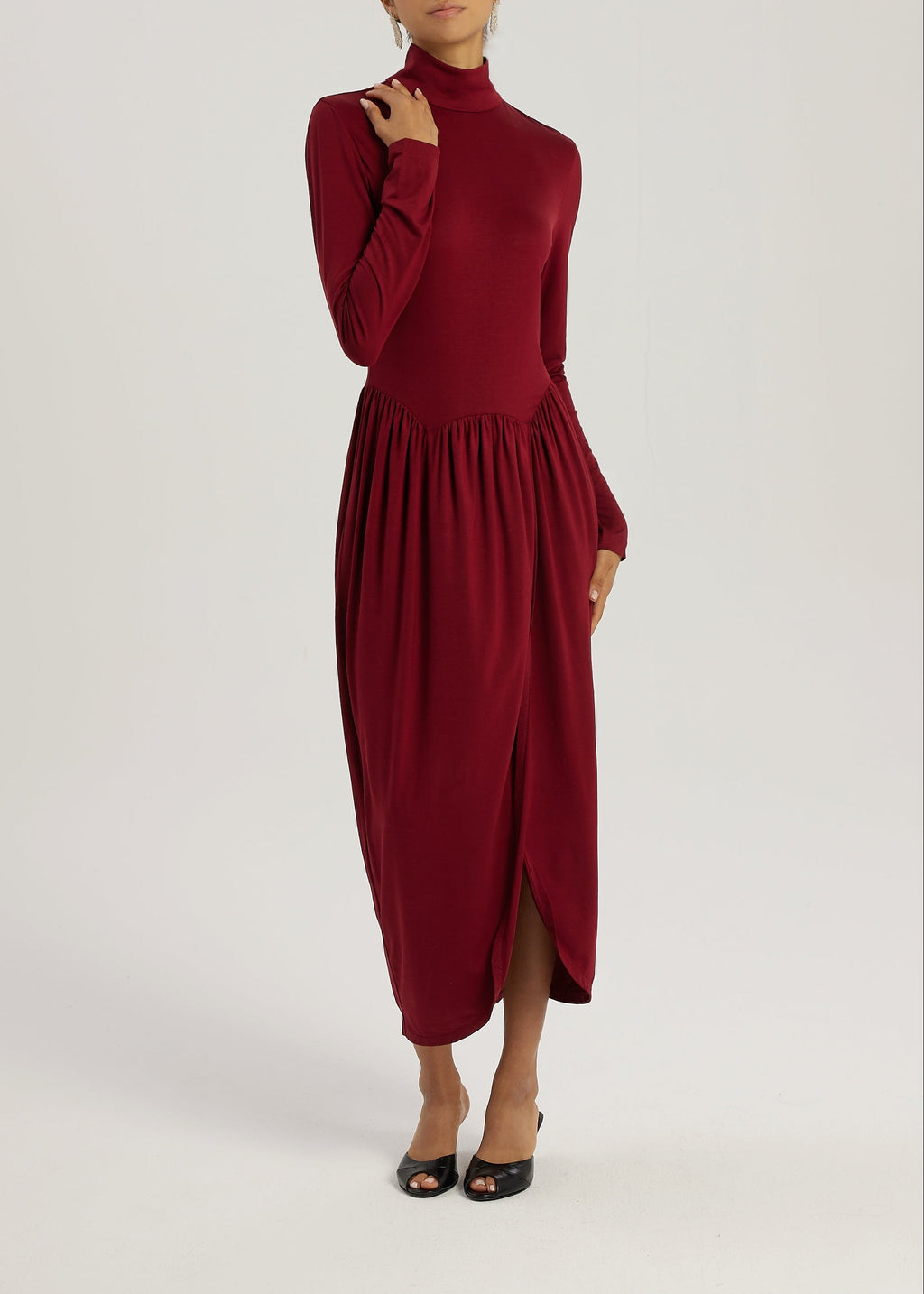 Valentina High Neck Jersey Drape Dress | Garnet