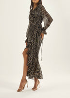 Meryl Tie Wrap Printed Maxi Dress | Black/Brown