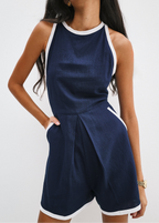 Claudette Box Pleat Contrast Playsuit | Navy/White