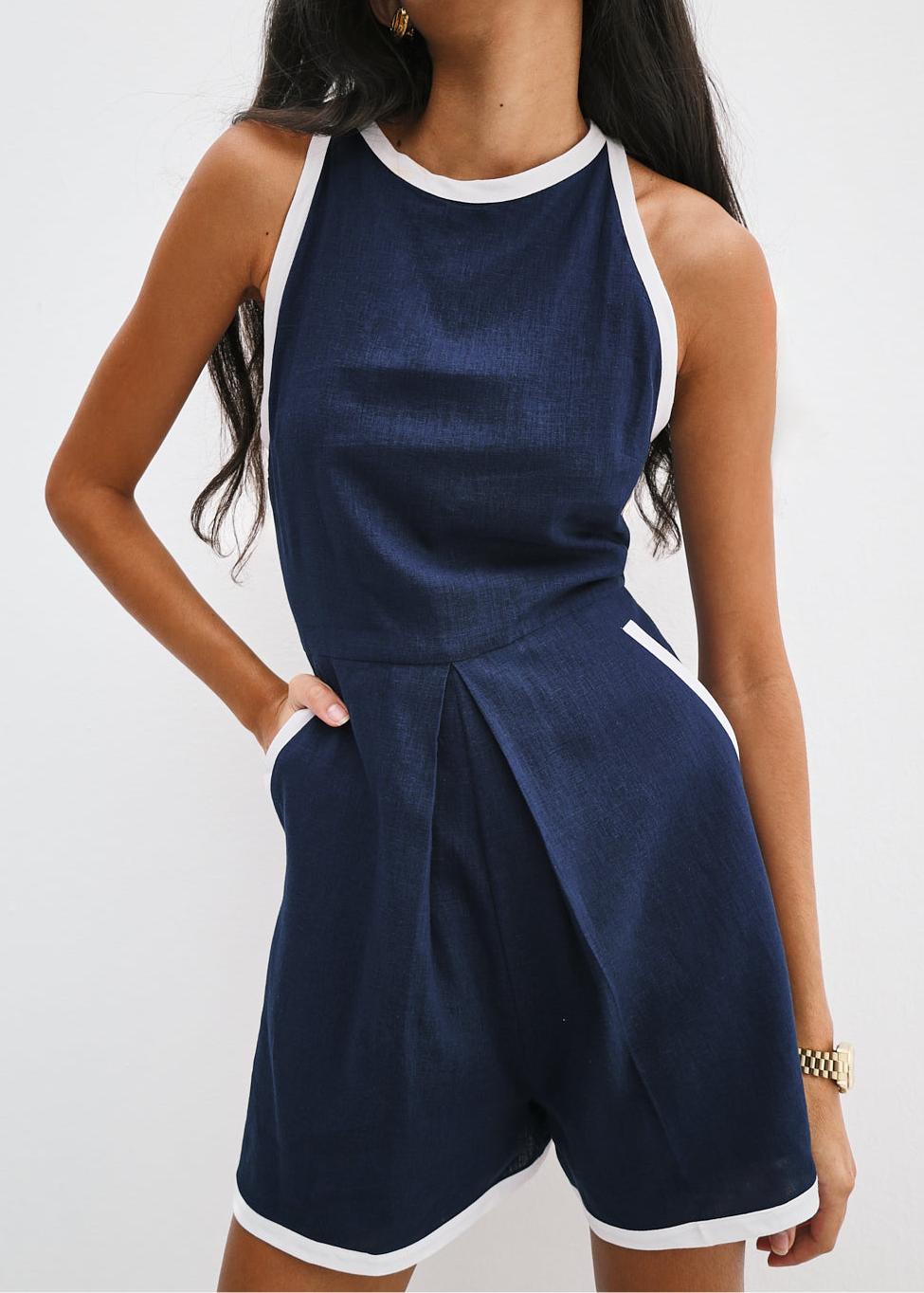 Claudette Box Pleat Contrast Playsuit | Navy/White
