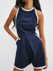 Claudette Box Pleat Contrast Playsuit | Navy/White