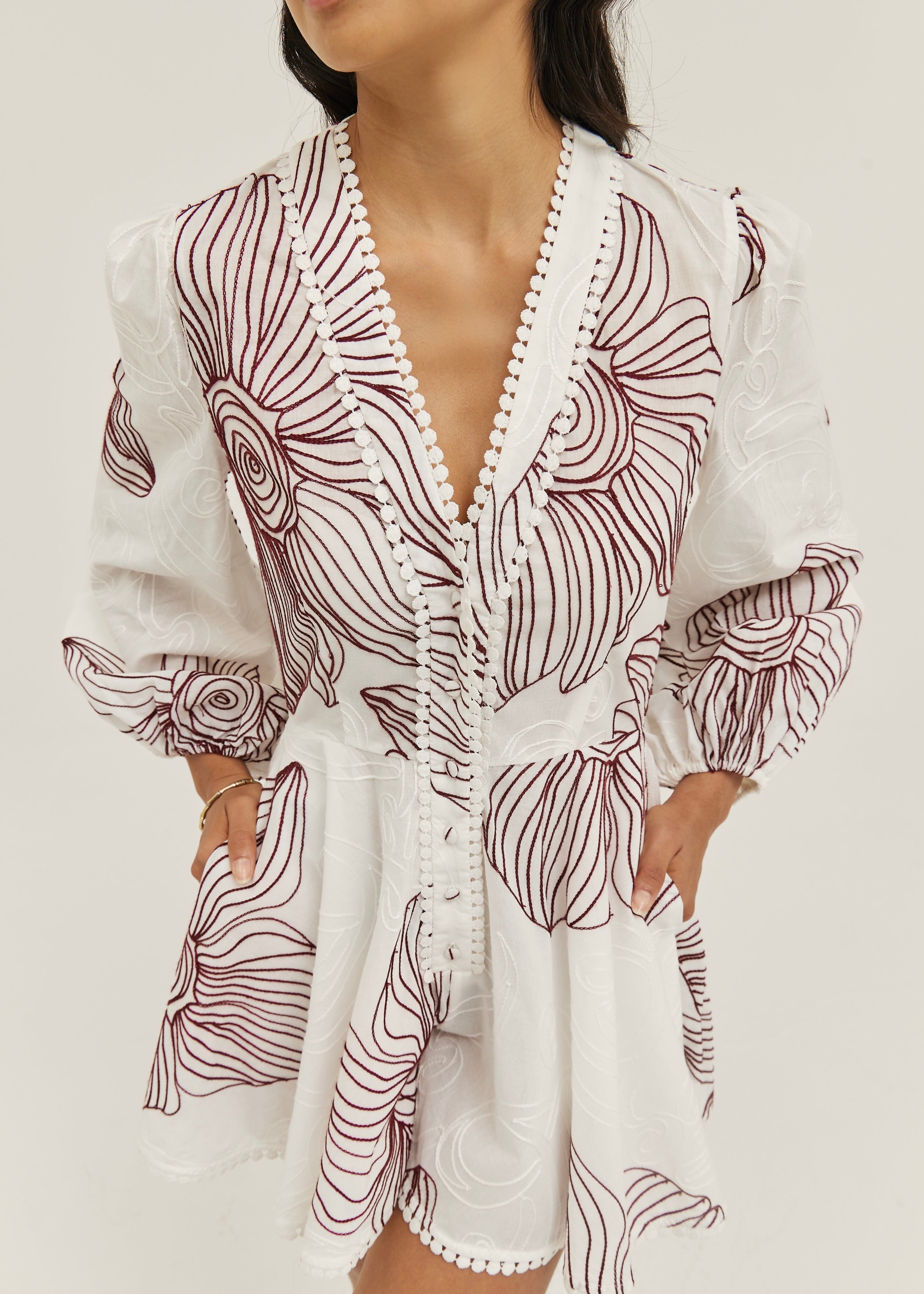 Tillie Embroidered Cotton Playsuit | White/Merlot