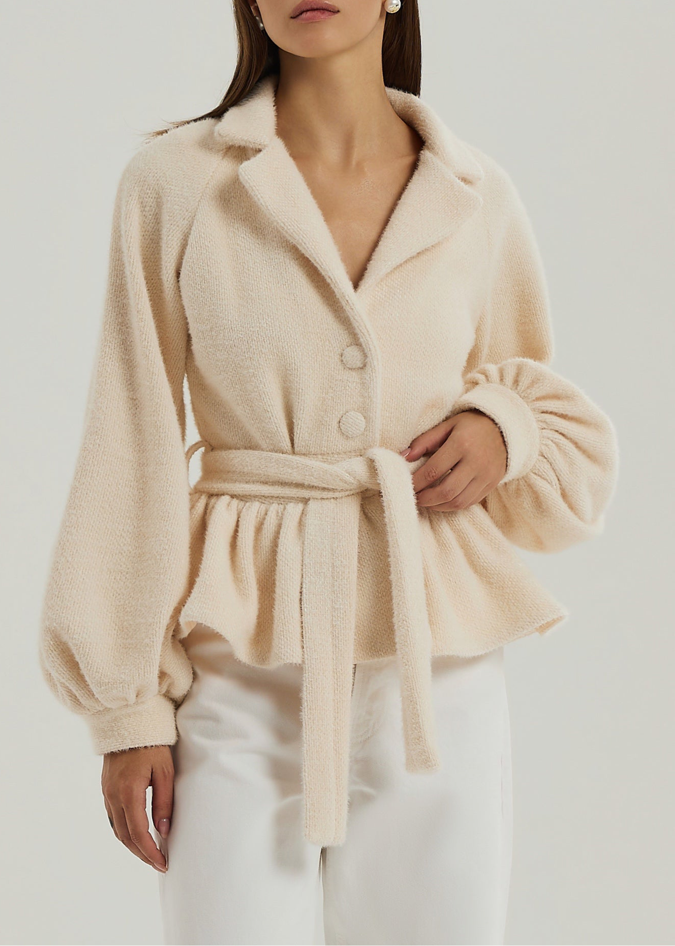 Palais Belted Peplum Cardigan | Ivory Blush