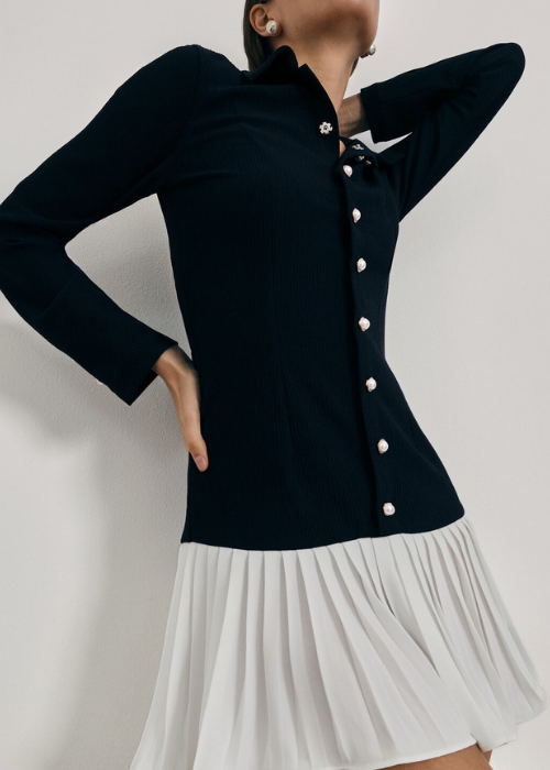 Nayla Pleated Hem Contrast Dress | Navy