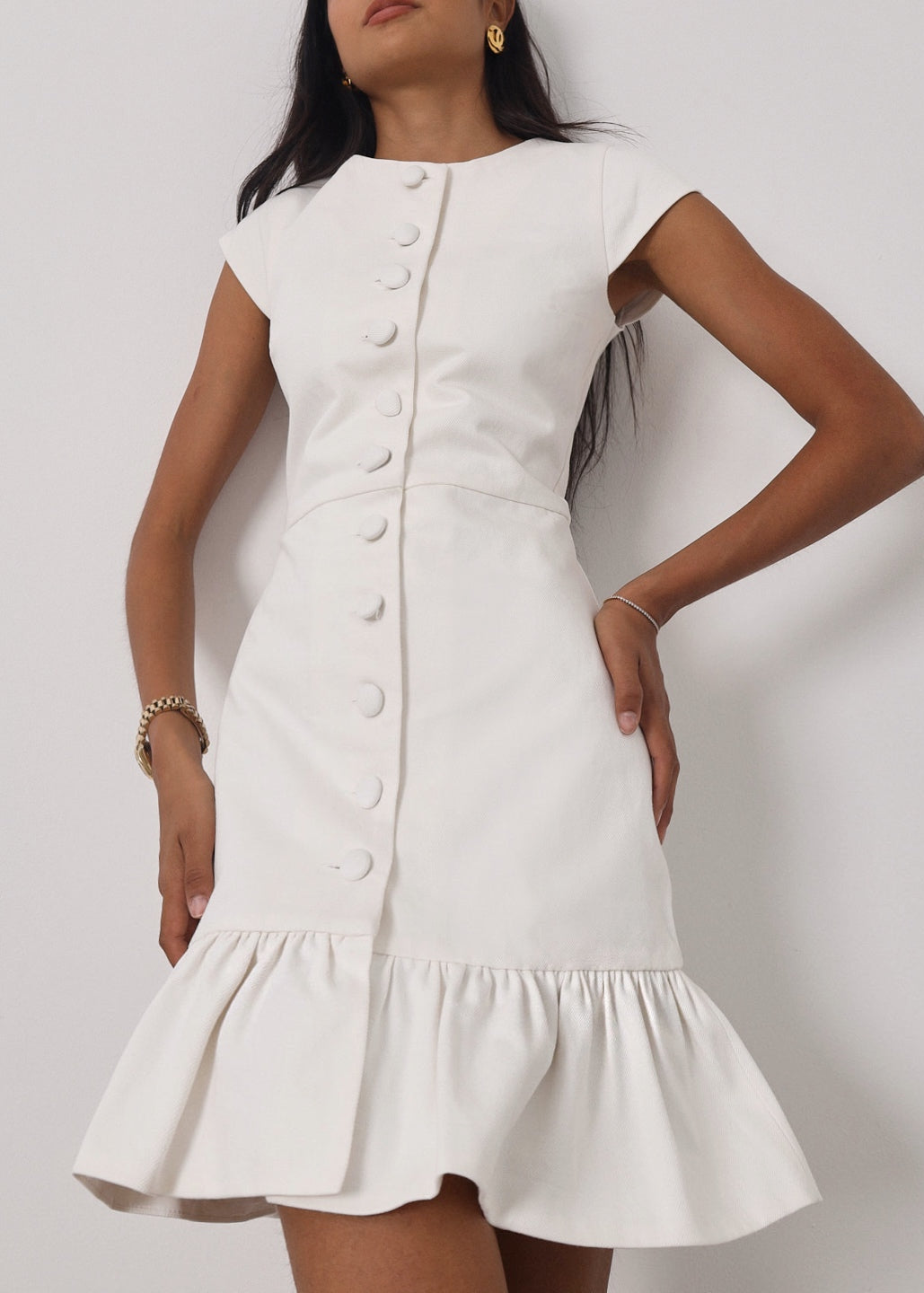 Riann Denim Elegance Dress | White