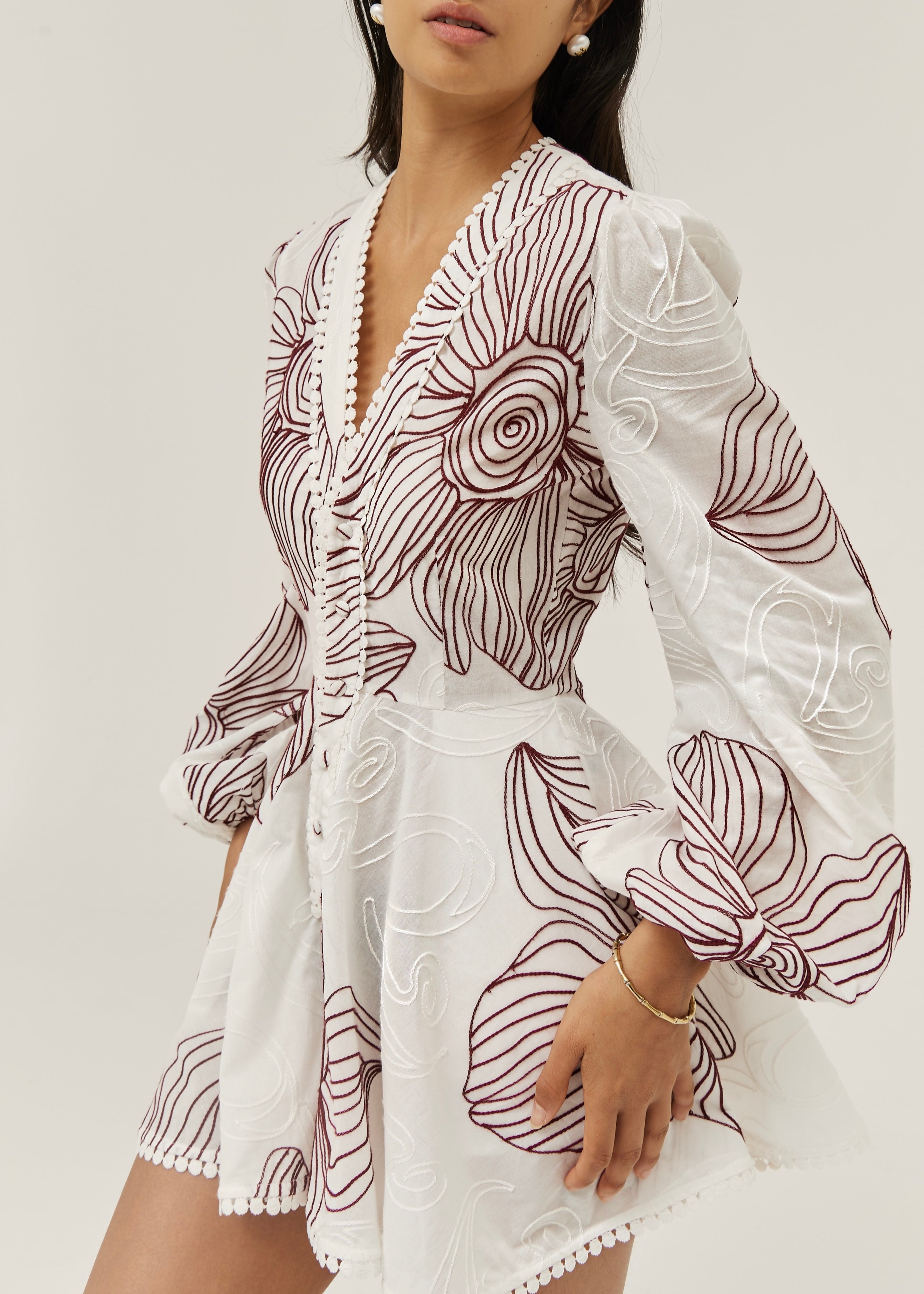 Tillie Embroidered Cotton Playsuit | White/Merlot