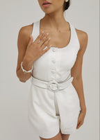 Tayla Belted Waist Denim Playsuit | White/Taupe