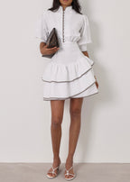 Cassidy Luxe Frill Dress | White/Taupe