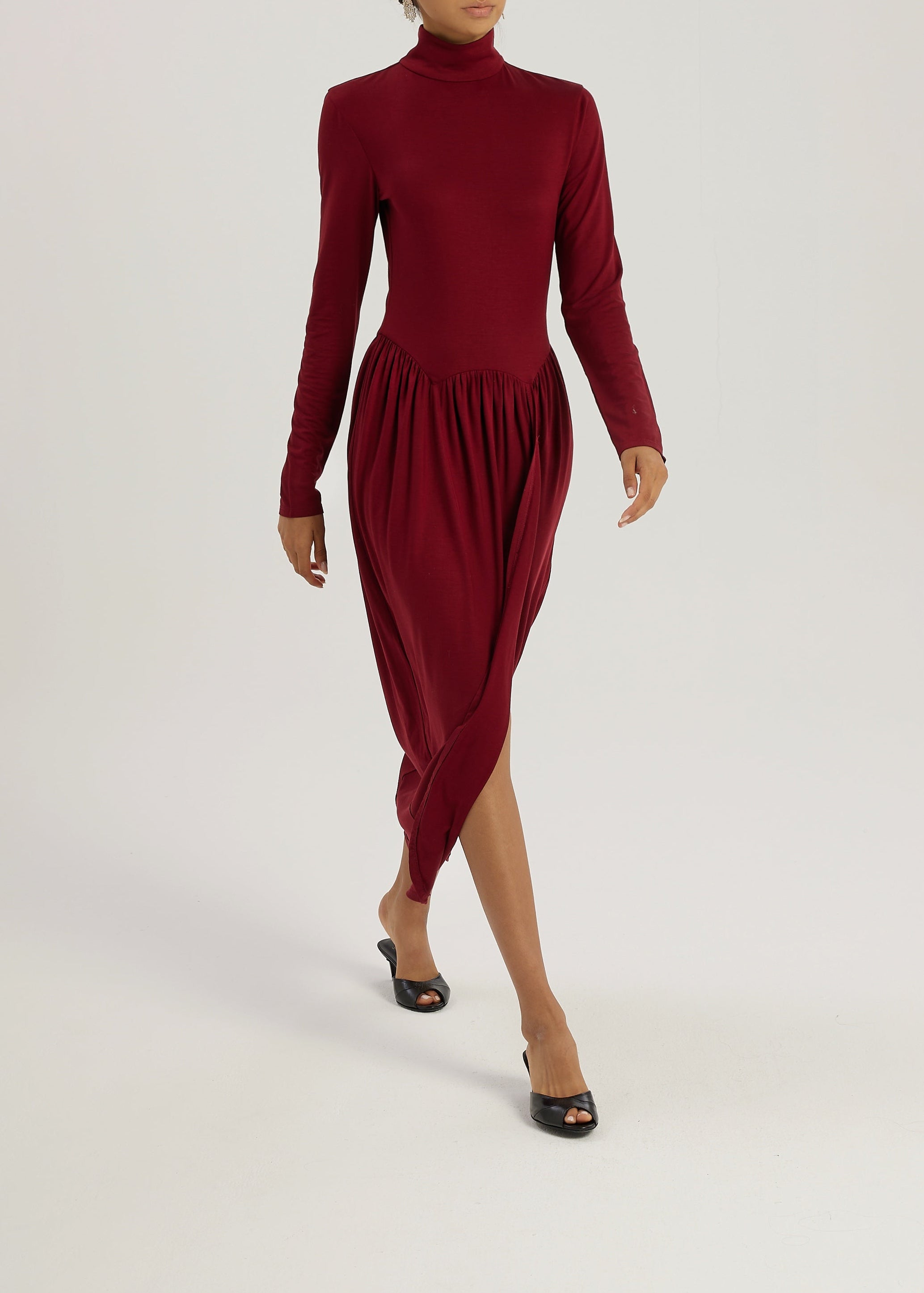 Valentina High Neck Jersey Drape Dress | Garnet