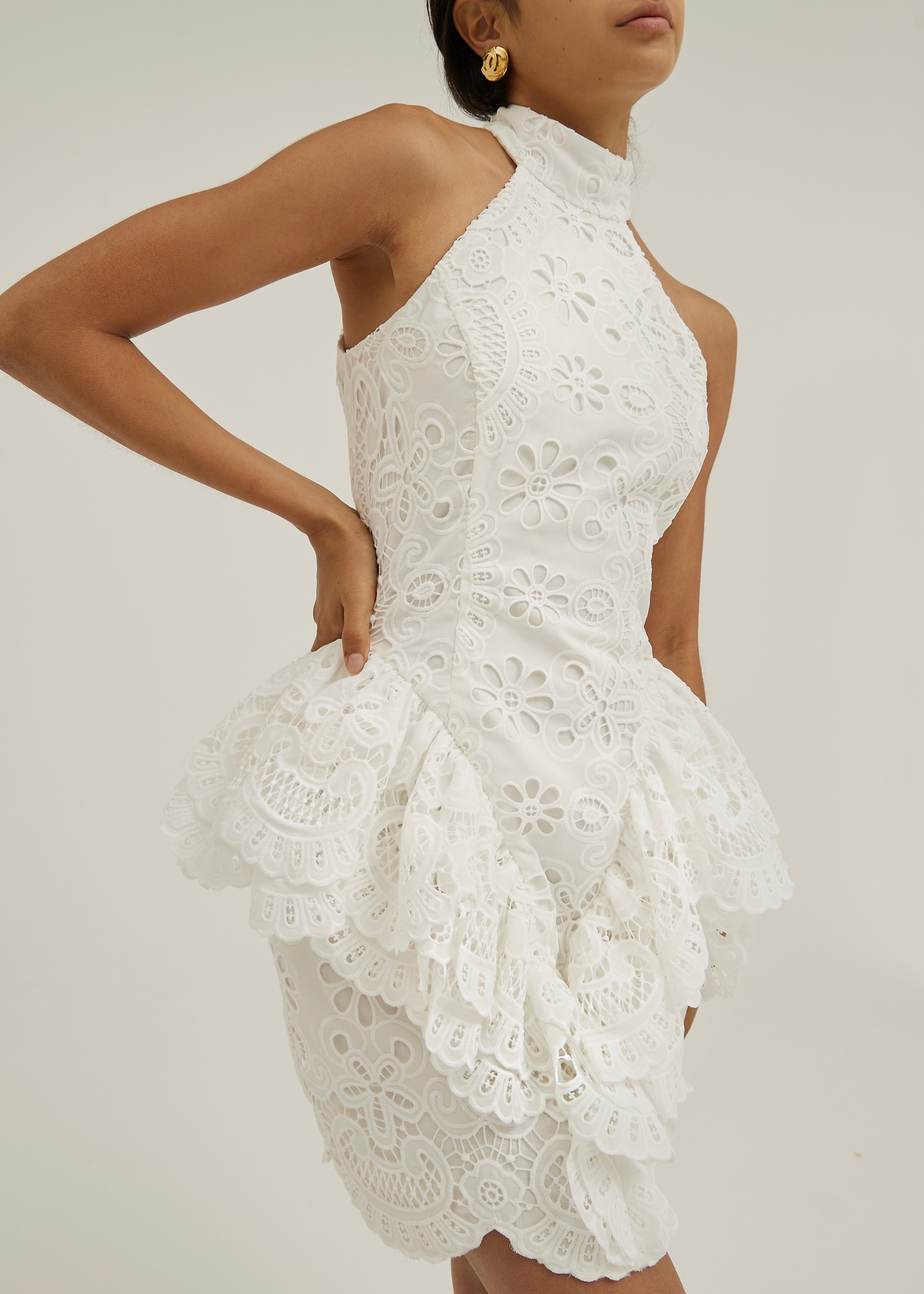 Olivia Cutwork Side Peplum Event Dress | White