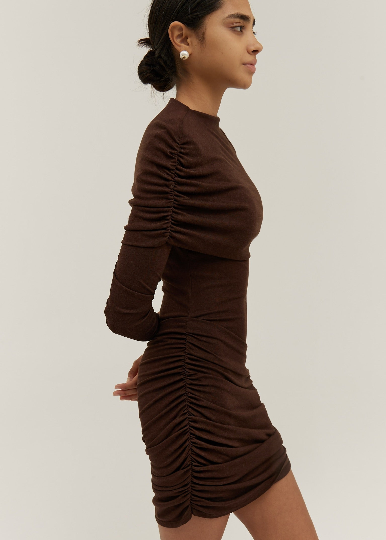 Nikita Jersey Drape Shoulder Short Dress | Dark Mocha