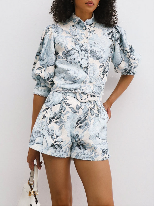 Louisa Floral Detailed Trim Blouse | White & Blue