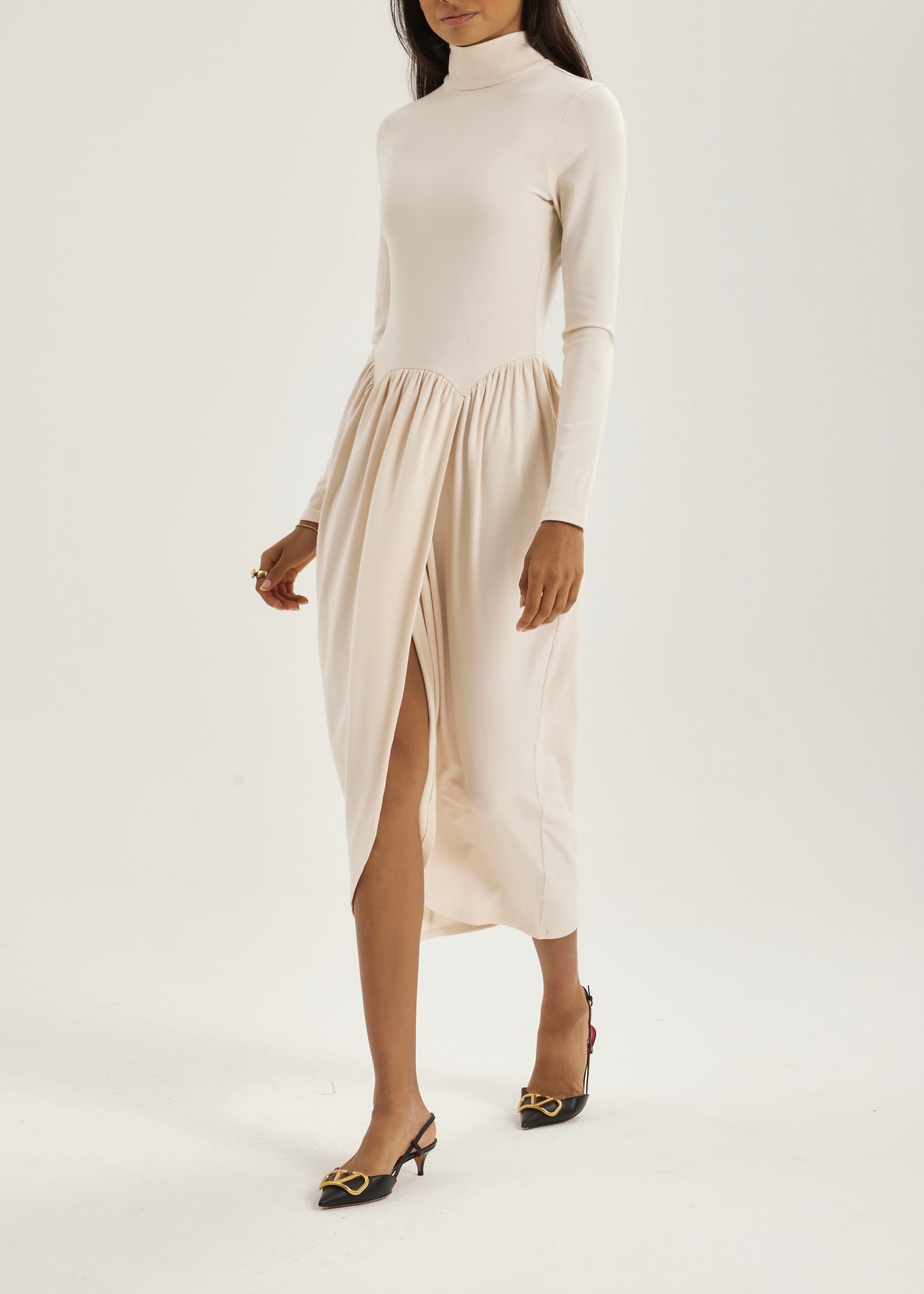 Valentina High Neck Jersey Drape Dress | Ivory
