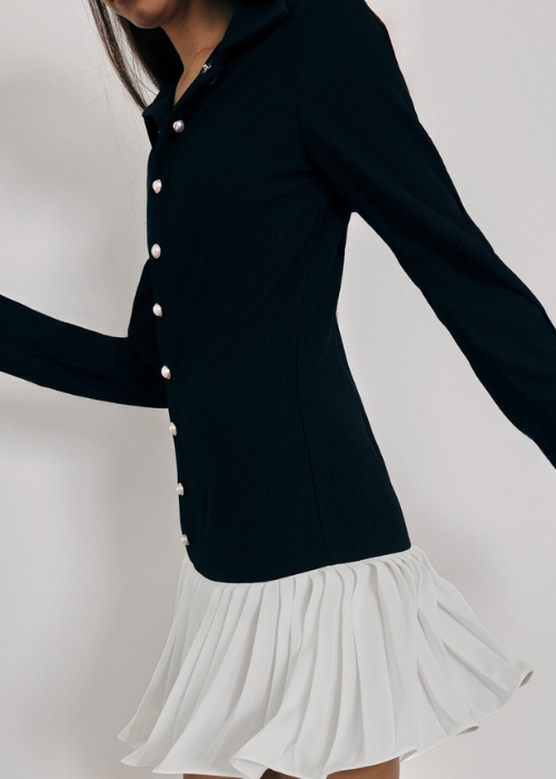 Nayla Pleated Hem Contrast Dress | Navy
