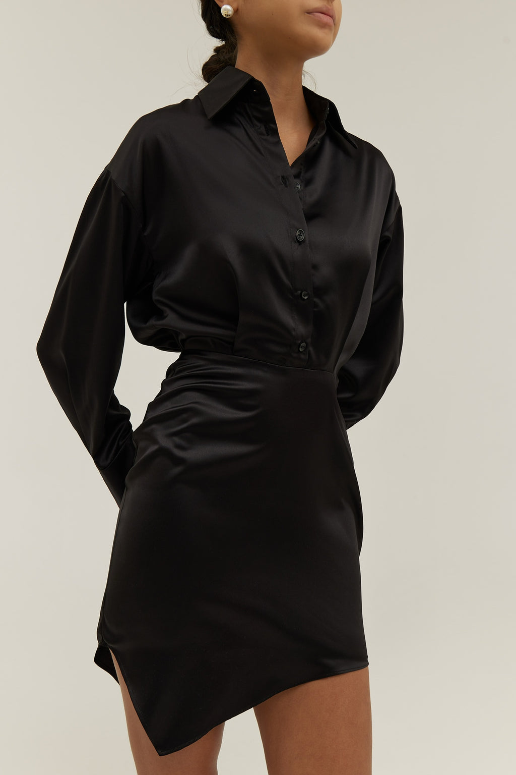 Asta Premium Satin Shirt Dress | Black