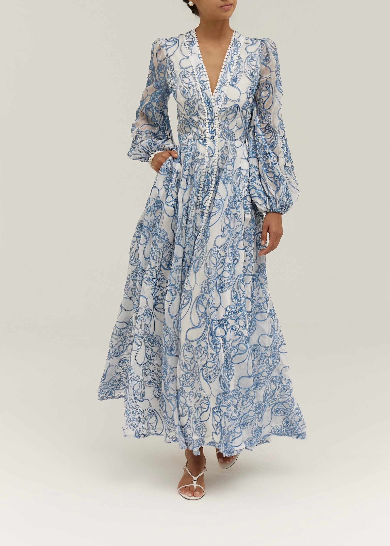 Estella Embroidered Luxe Flowing Dress | Sea Blue