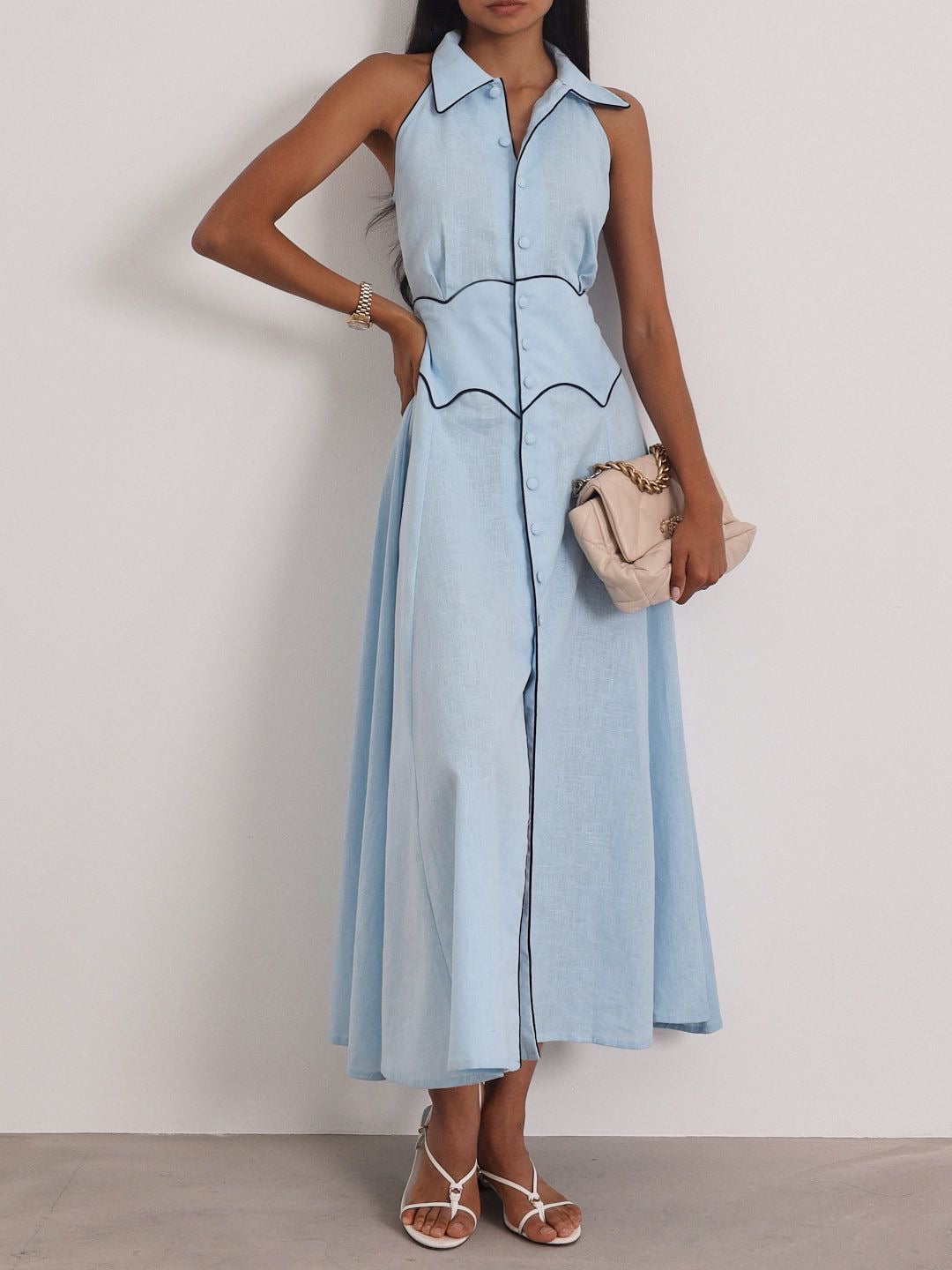 Kalila Contrast Icon Dress | Pastel Blue/Navy