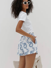 Jacira Embroidered Paisley Cotton Day Shorts | White & Blue