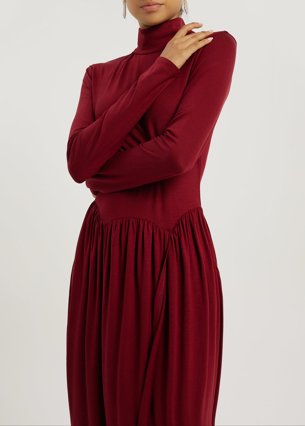 Valentina High Neck Jersey Drape Dress | Garnet
