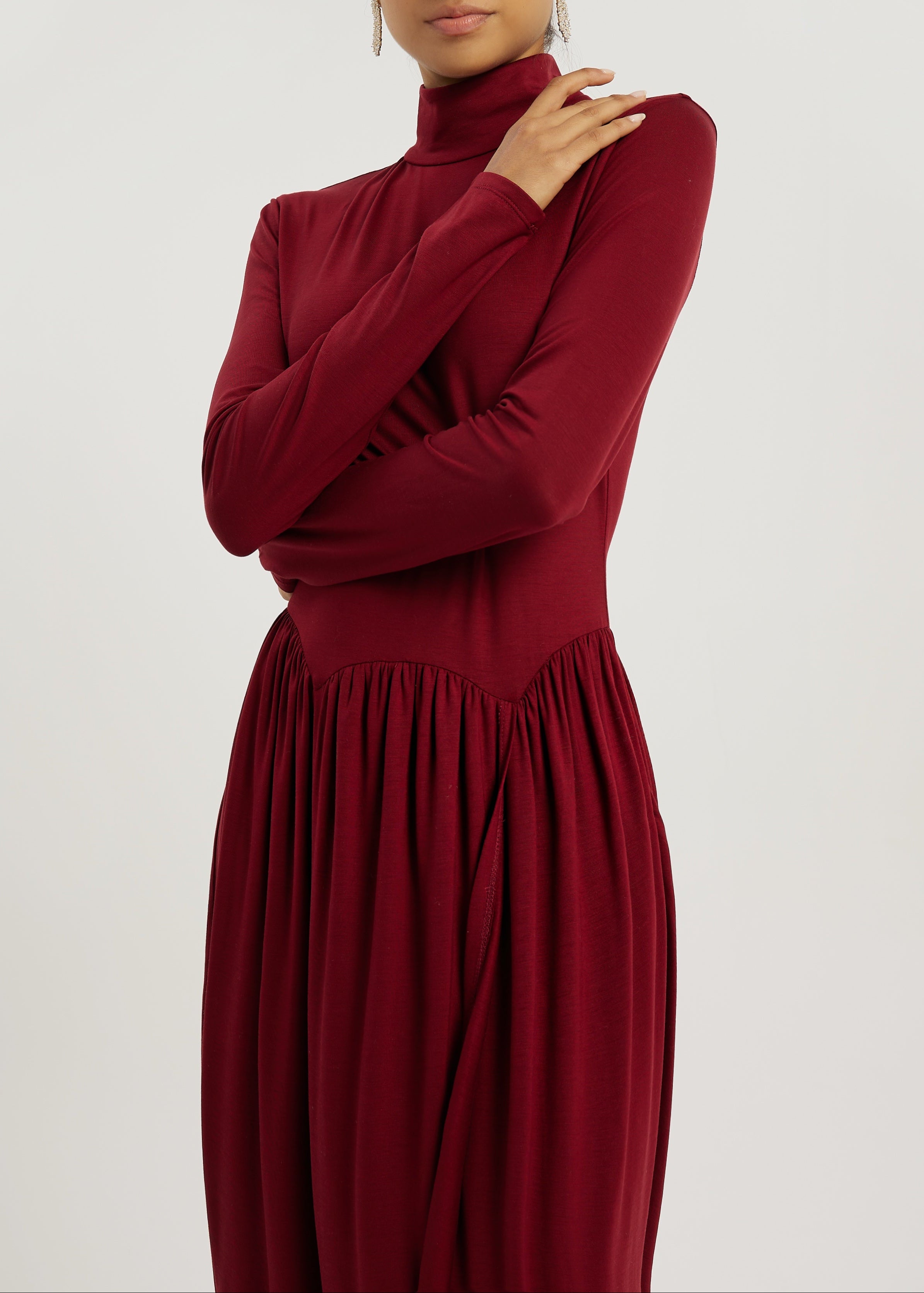 Valentina High Neck Jersey Drape Dress | Garnet