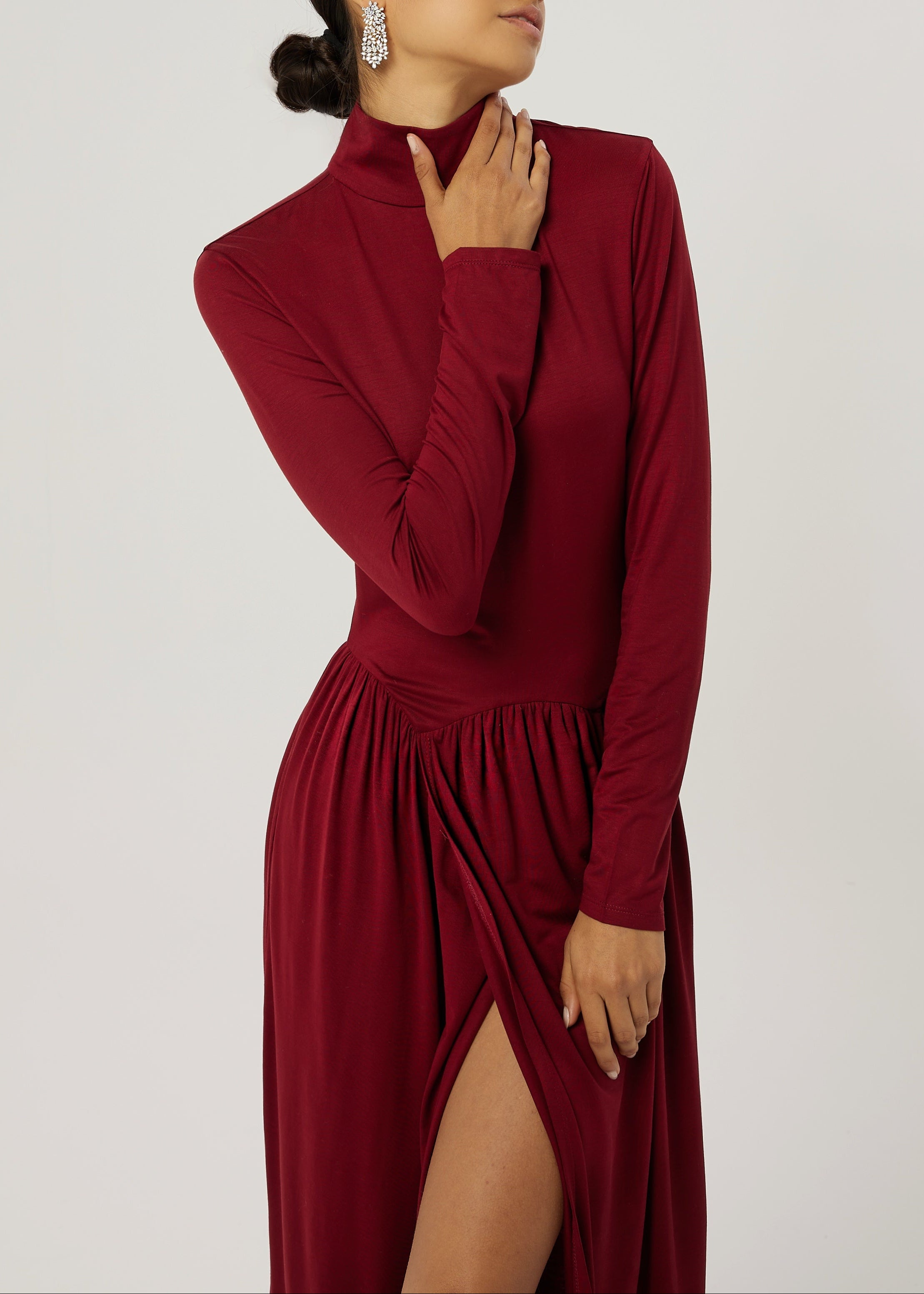 Valentina High Neck Jersey Drape Dress | Garnet