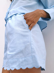 Aveline Scalloped Detail Linen Shorts | Pale Blue