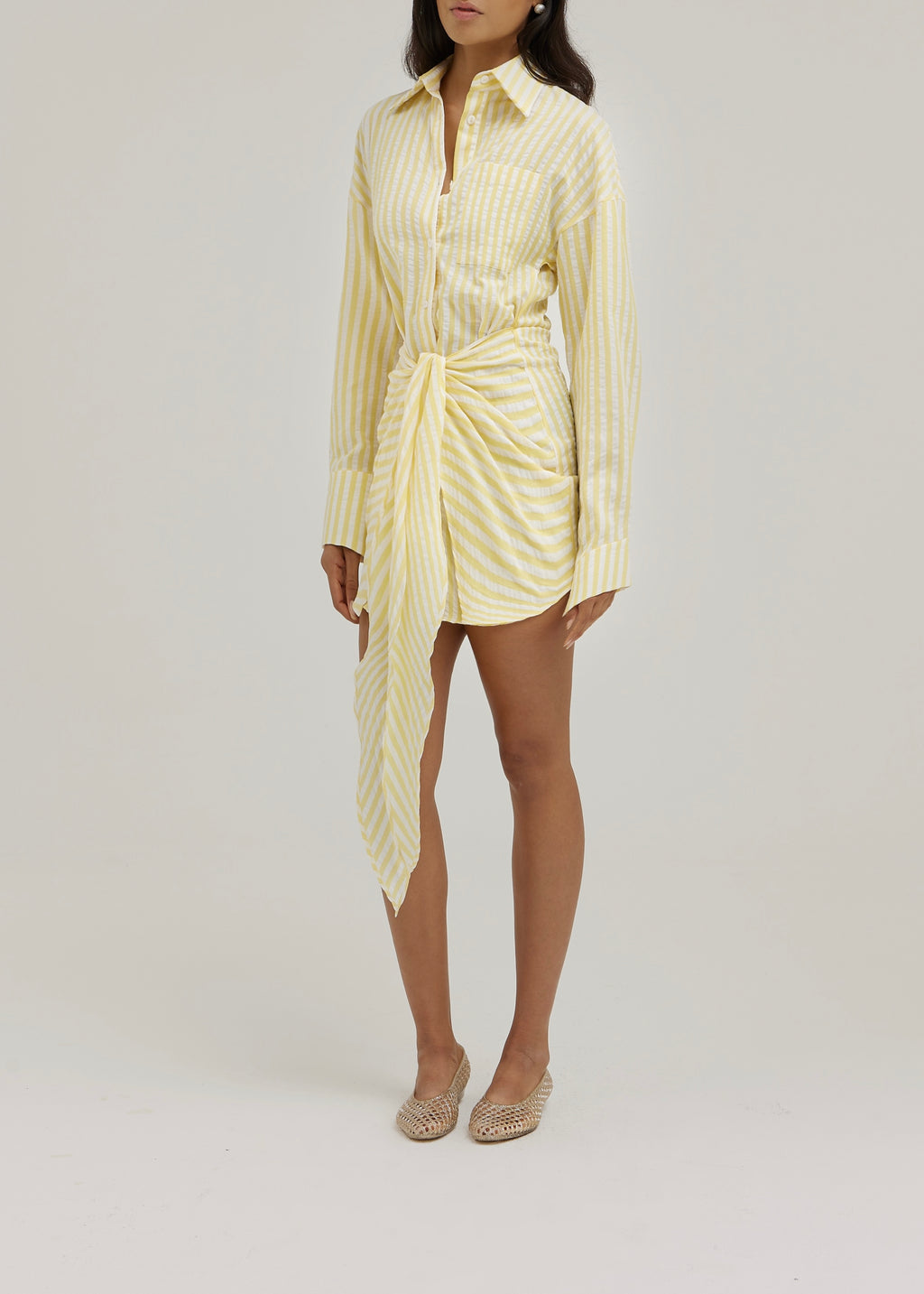 Jackie Stripe Tie Waist Shirt Dress | Lemon/White