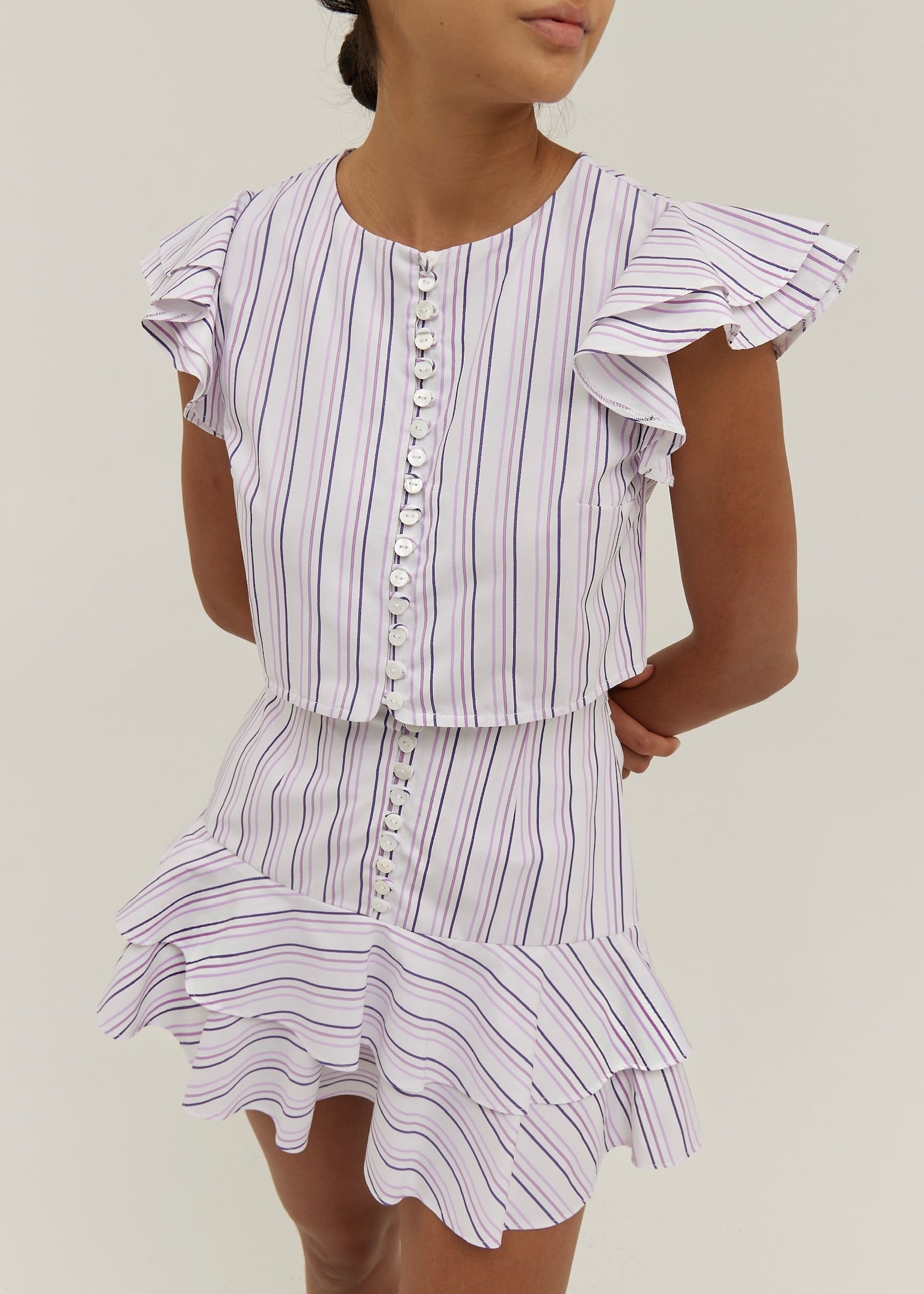 Liza Stripe Frill Hem Skirt | White/Lilac
