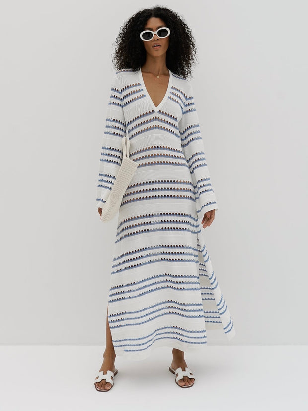 Nina Knitted Stripe Dress | White & Blue