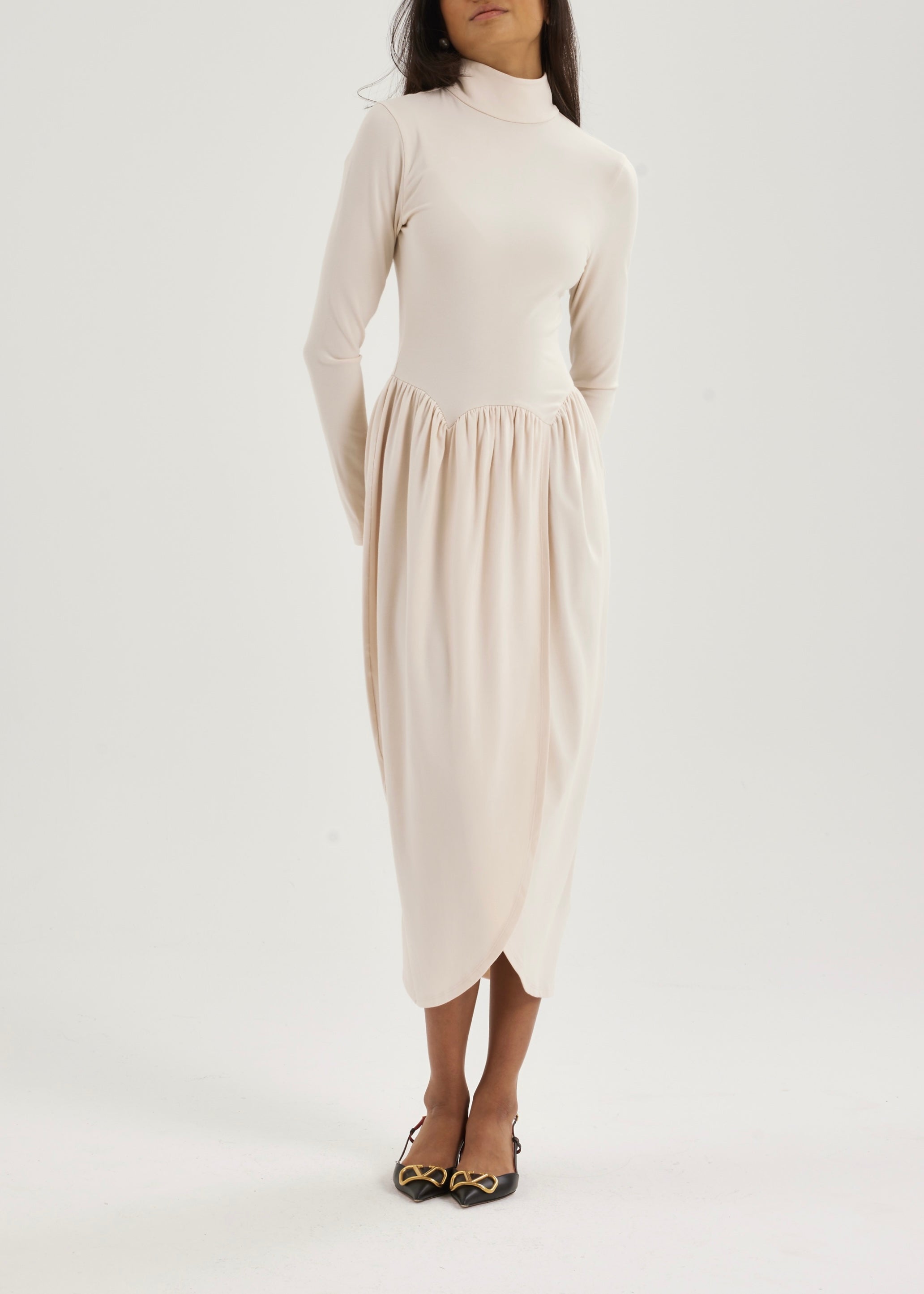 Valentina High Neck Jersey Drape Dress | Ivory