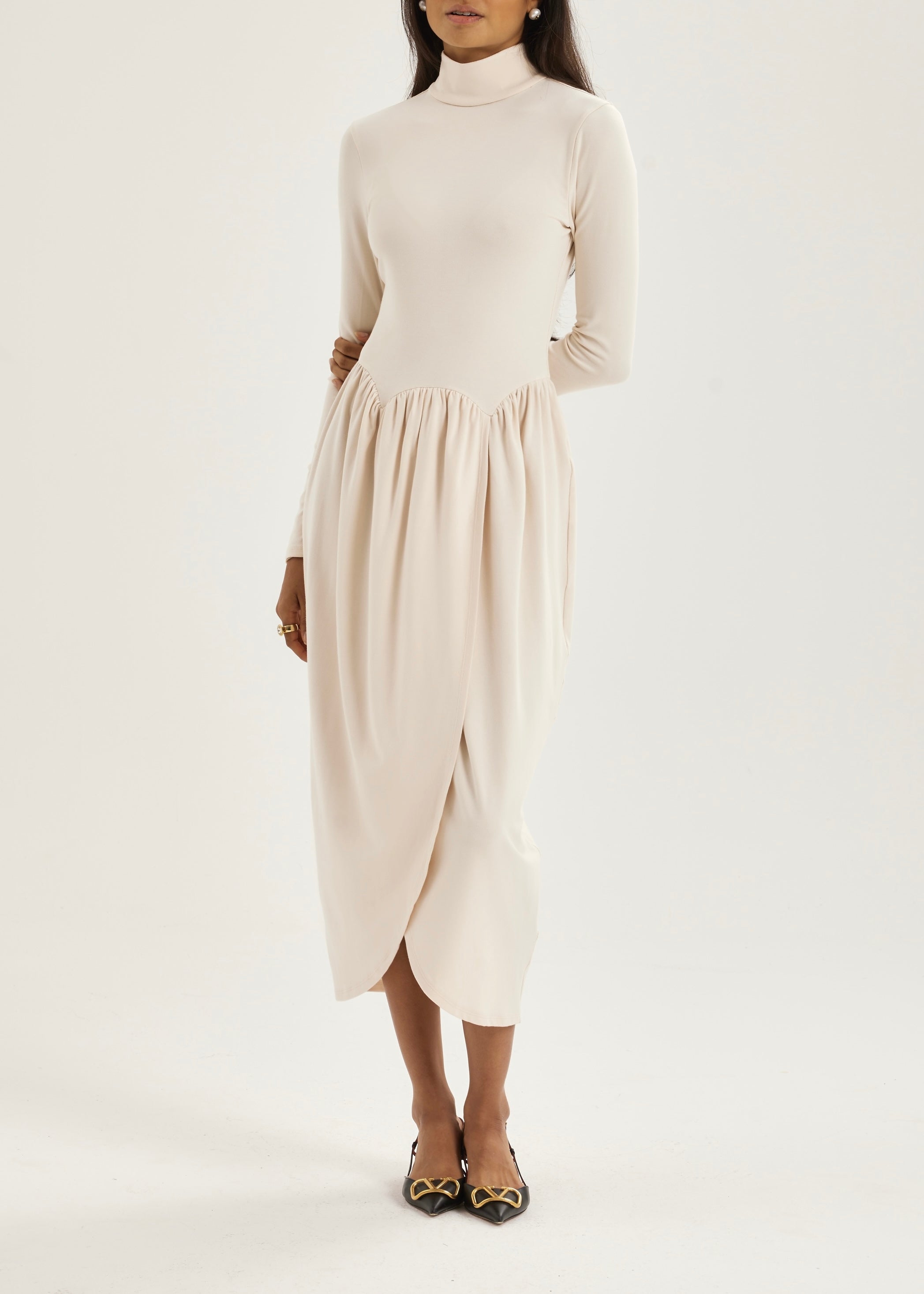 Valentina High Neck Jersey Drape Dress | Ivory