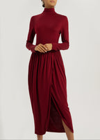 Valentina High Neck Jersey Drape Dress | Garnet