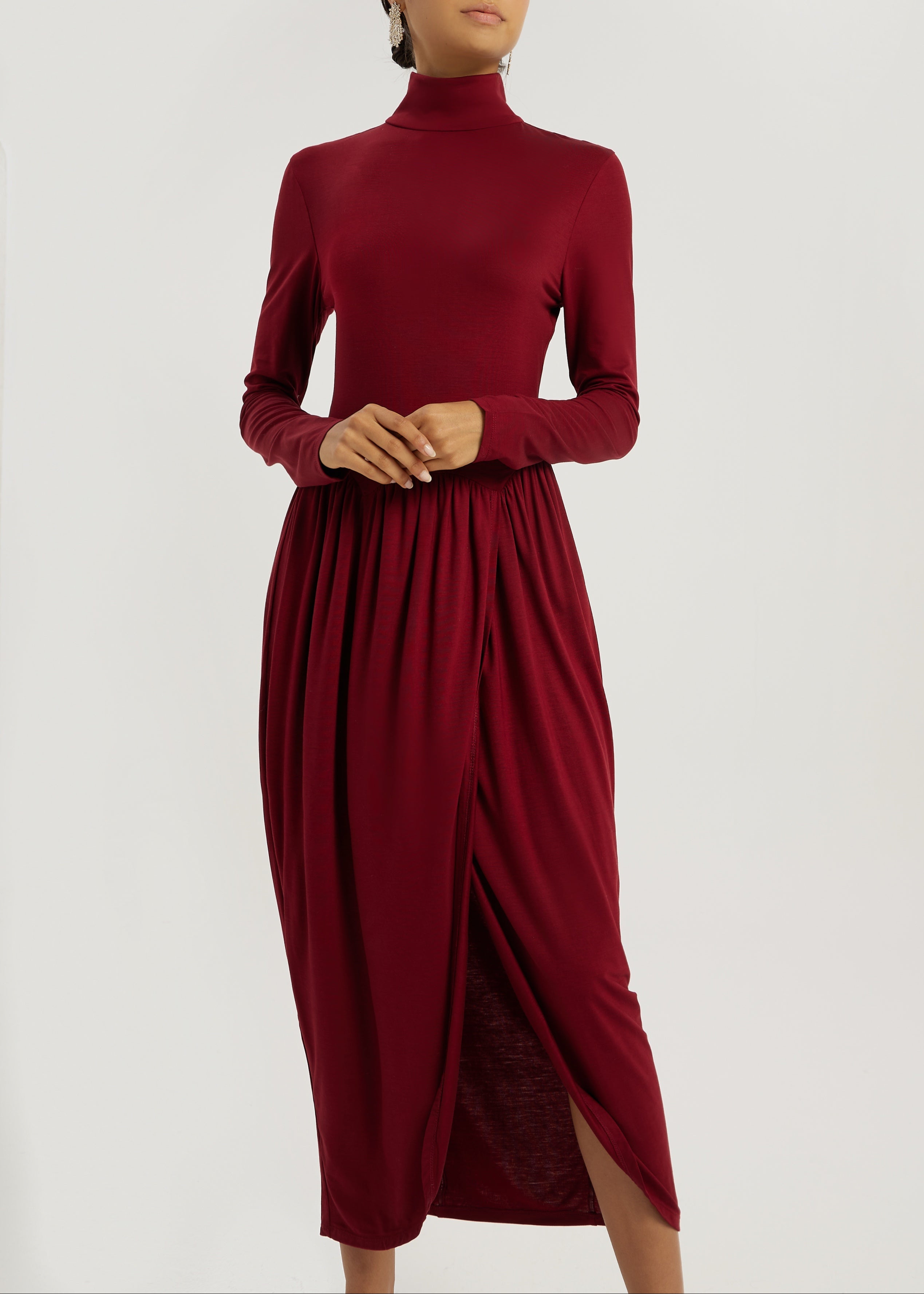 Valentina High Neck Jersey Drape Dress | Garnet