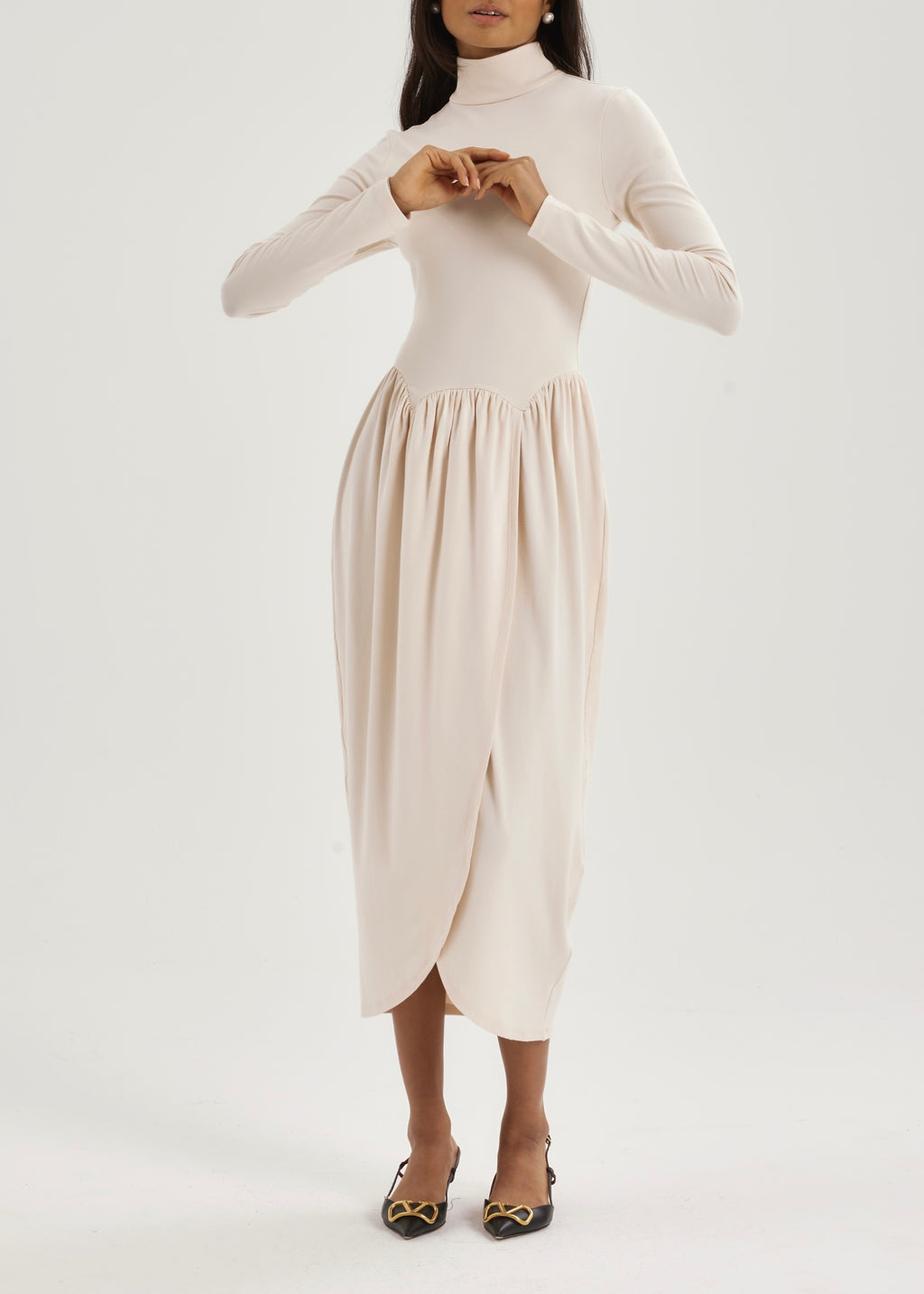 Valentina High Neck Jersey Drape Dress | Ivory
