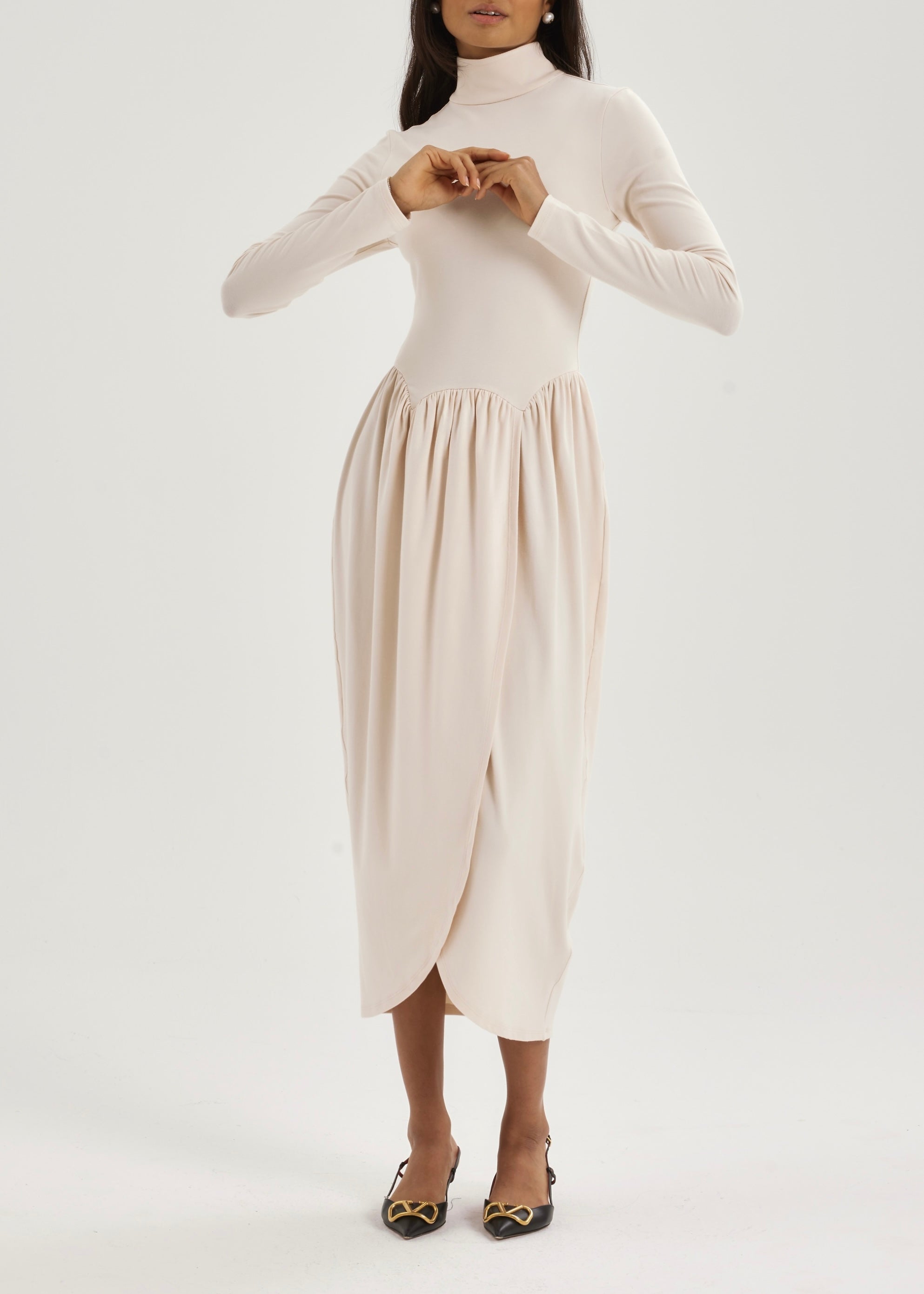 Valentina High Neck Jersey Drape Dress | Ivory