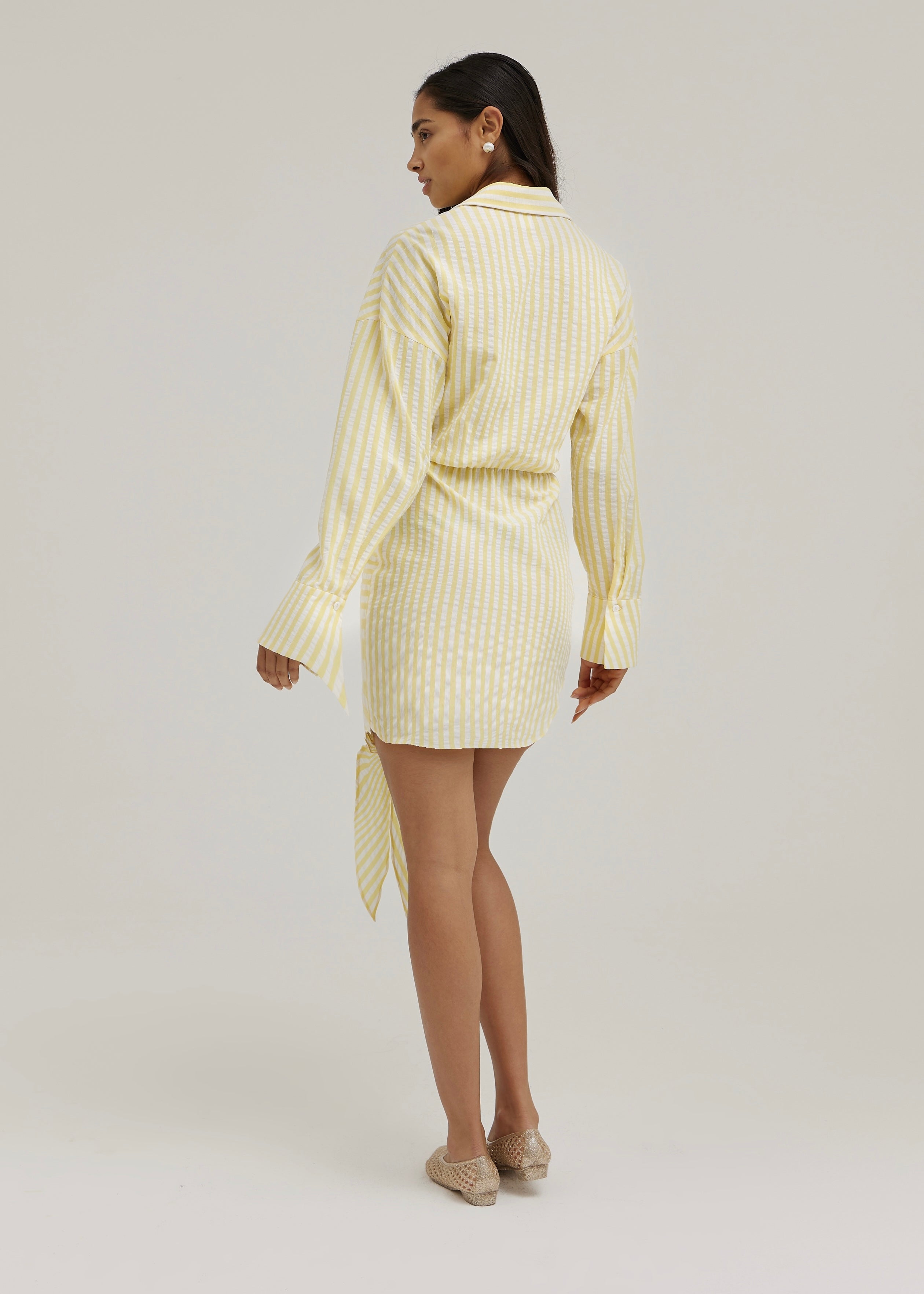Jackie Stripe Tie Waist Shirt Dress | Lemon/White