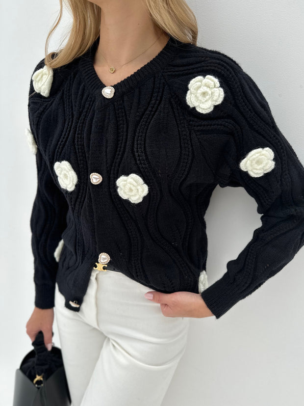 Saffia Flower Applique Contrast Cardigan | Black & Ivory