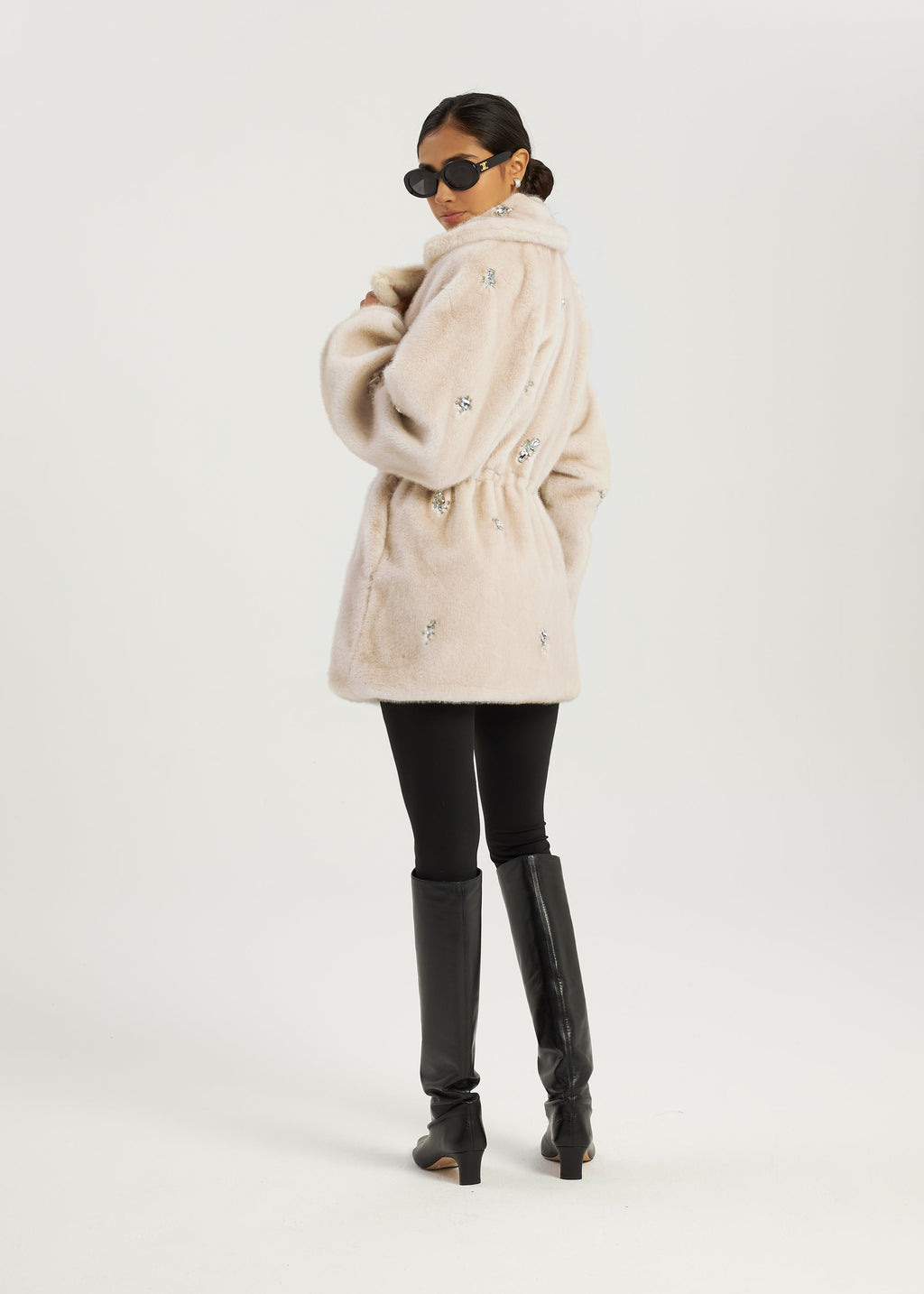 Alps Jewel Cinch Waist Fur Coat | Latte