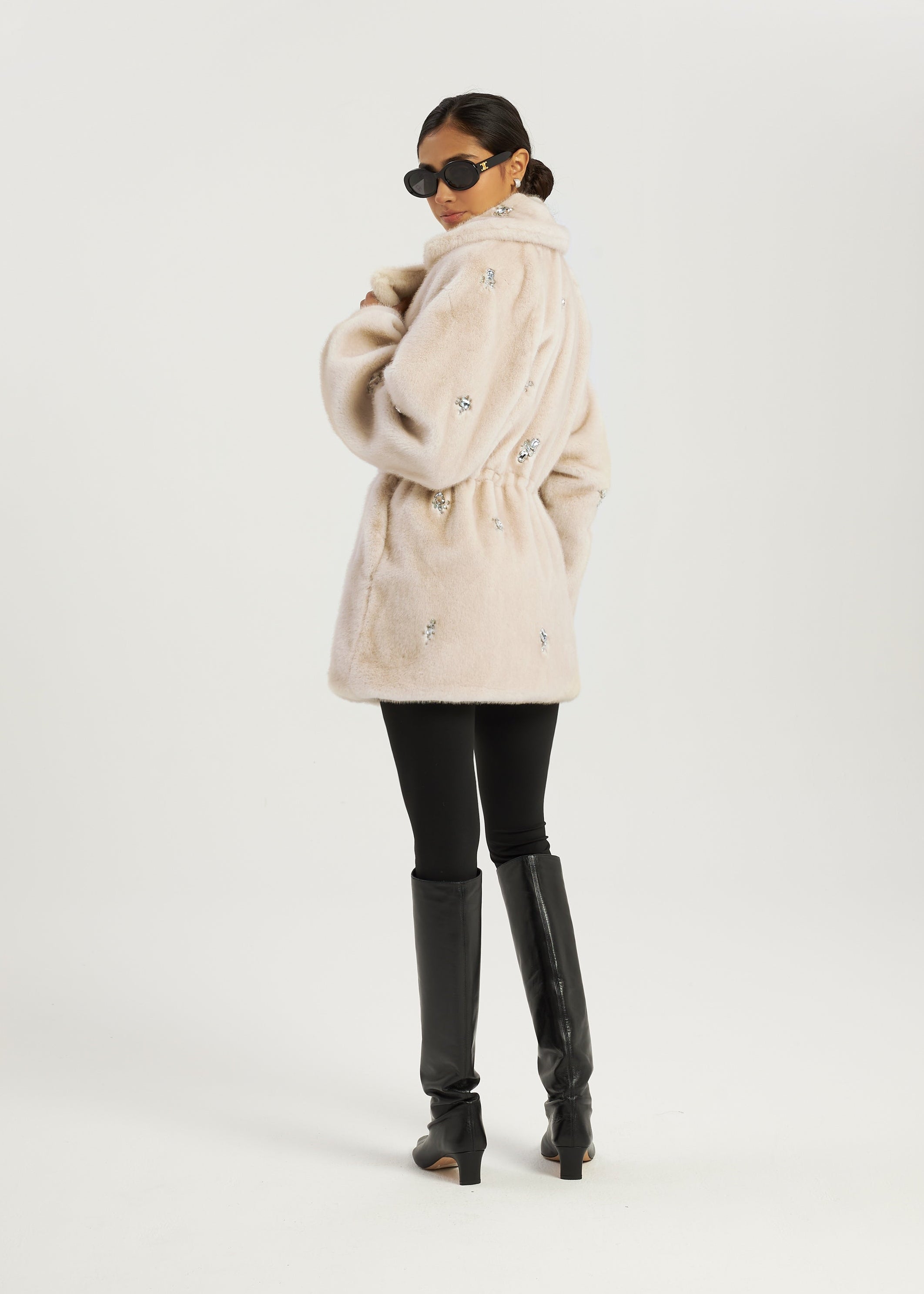 Alps Jewel Cinch Waist Fur Coat | Latte