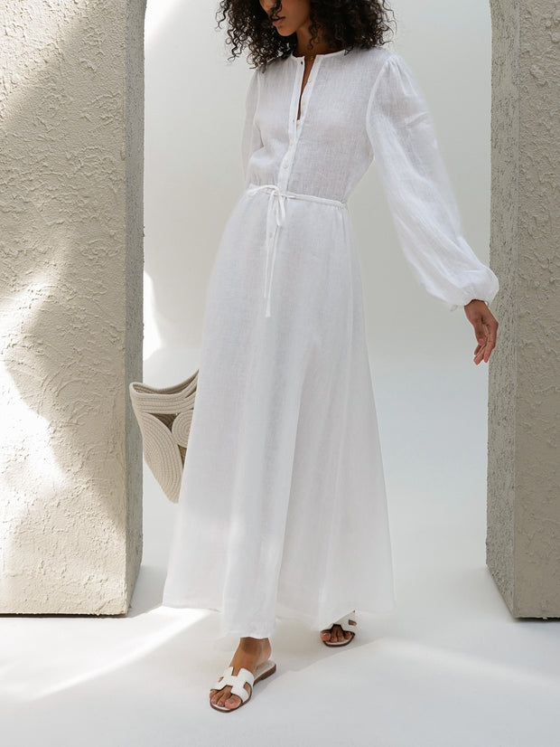 Anu Linen Button Down Maxi Dress | White