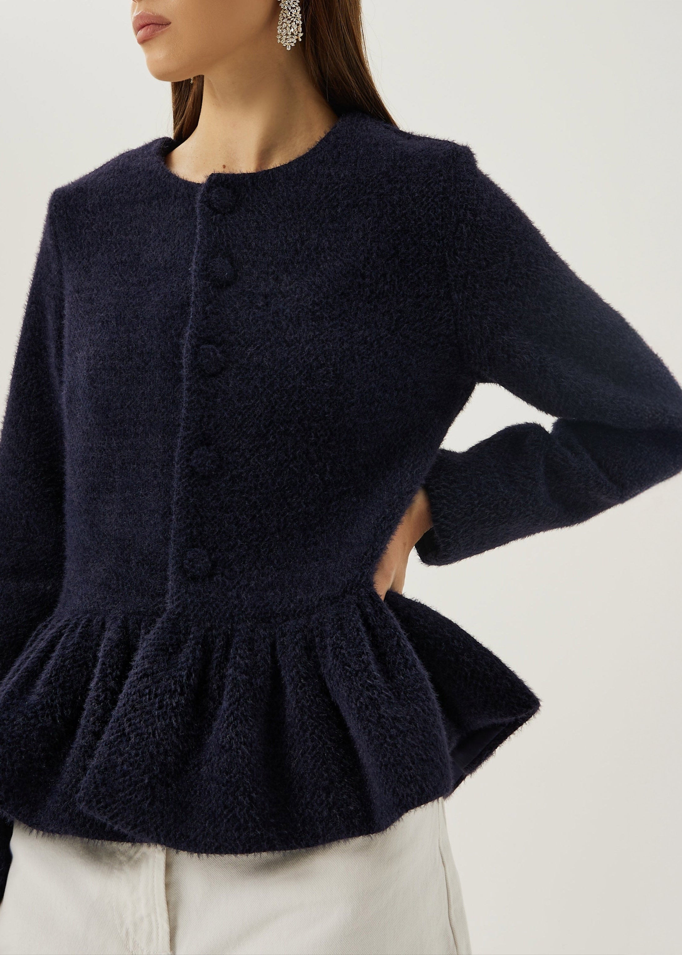 Aurora Peplum Soft Knit Cardigan | Navy