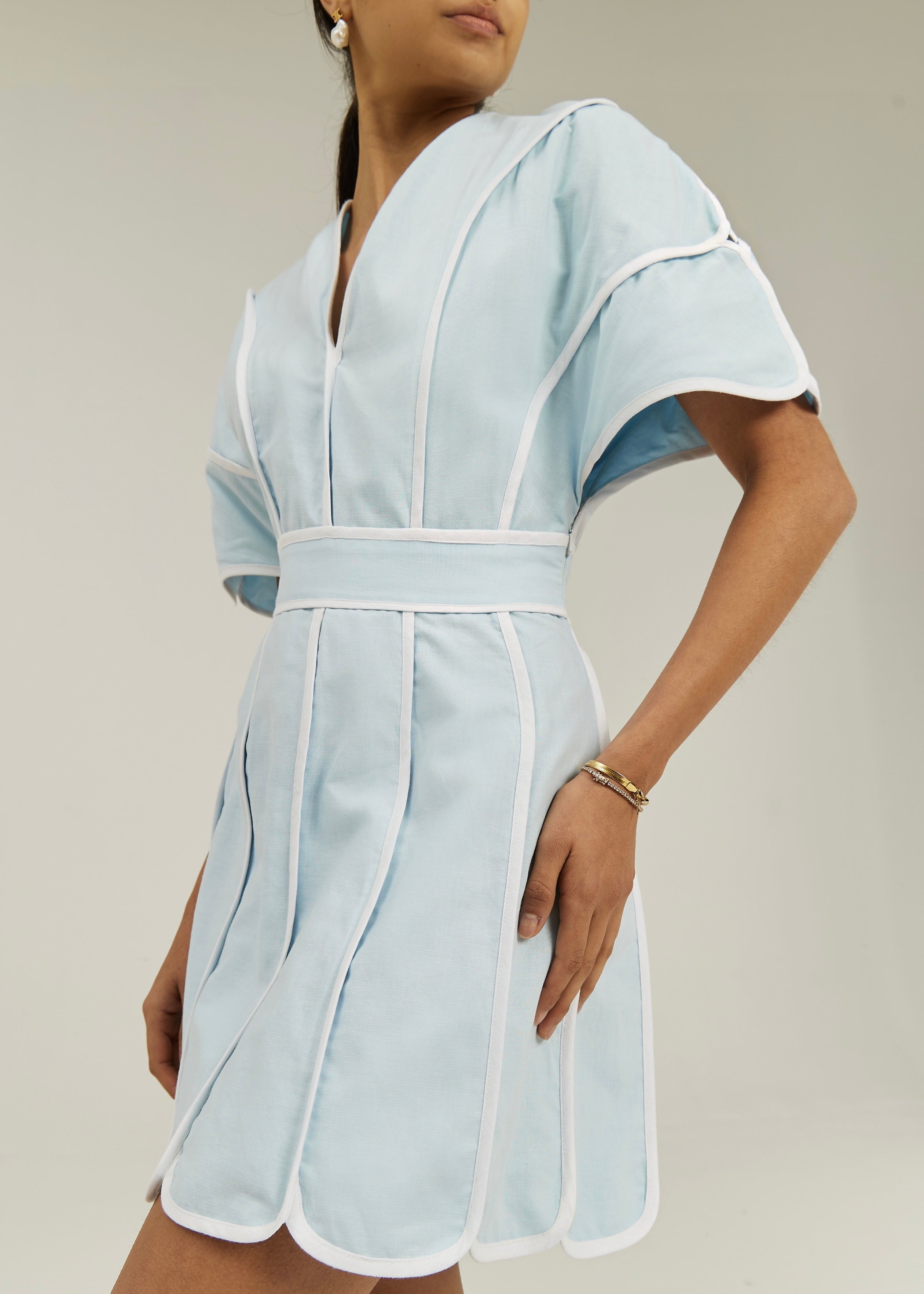 Avina Wave Trim Icon Dress | Pastel Blue/White