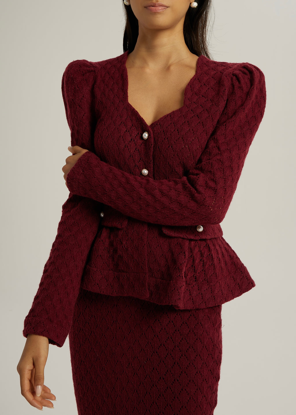Anastasia Pointelle Knit Cardigan | Merlot