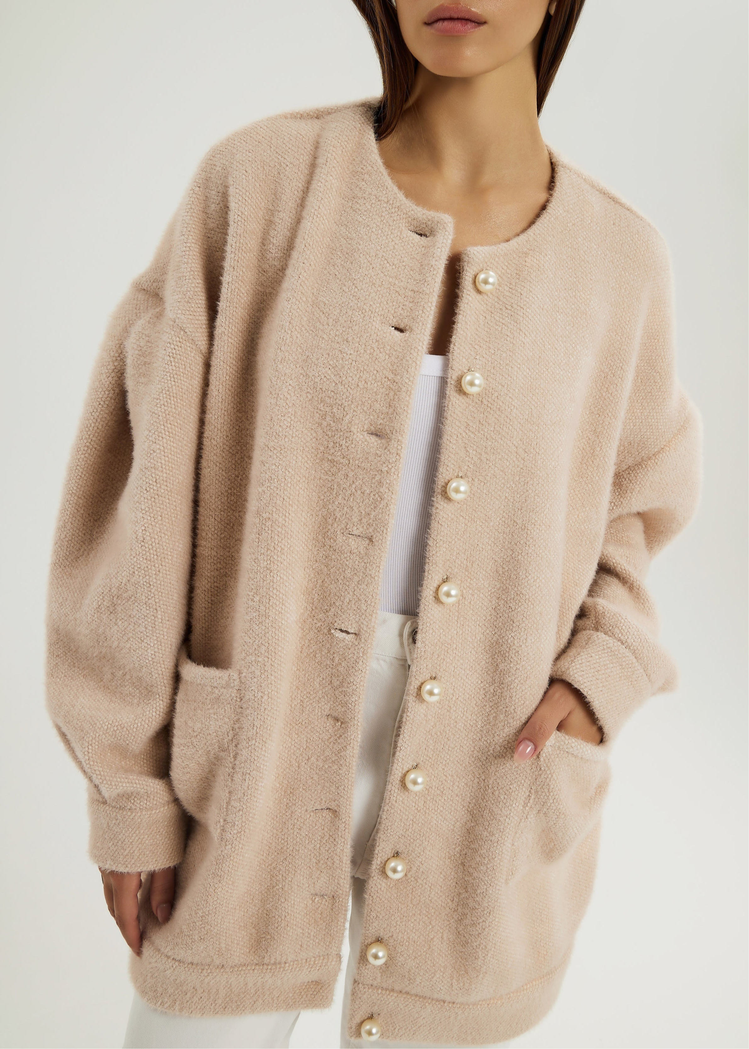 Corrine Pearl Button Cardigan Coat | Blush